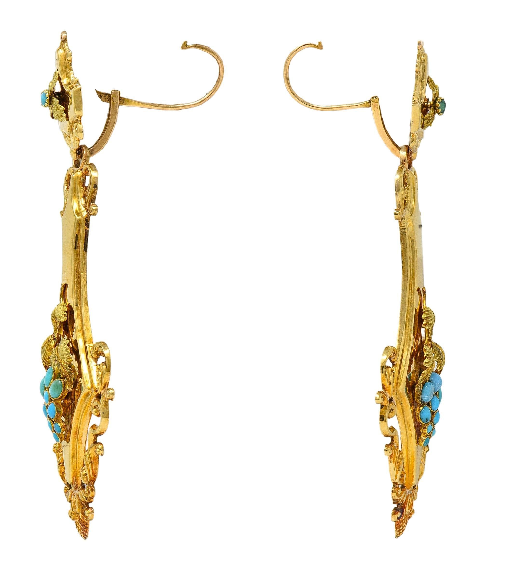 Women's Victorian Neoclassical Revival Turquoise 18K Gold Antique Grape Drop Earrings For Sale