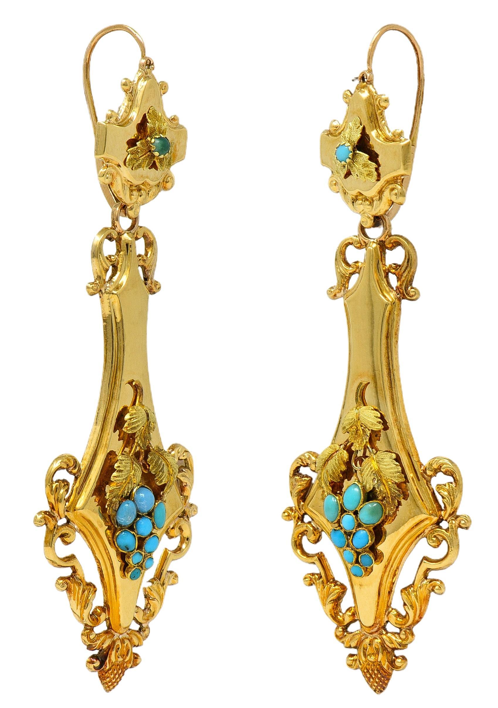 Victorian Neoclassical Revival Turquoise 18K Gold Antique Grape Drop Earrings For Sale 1