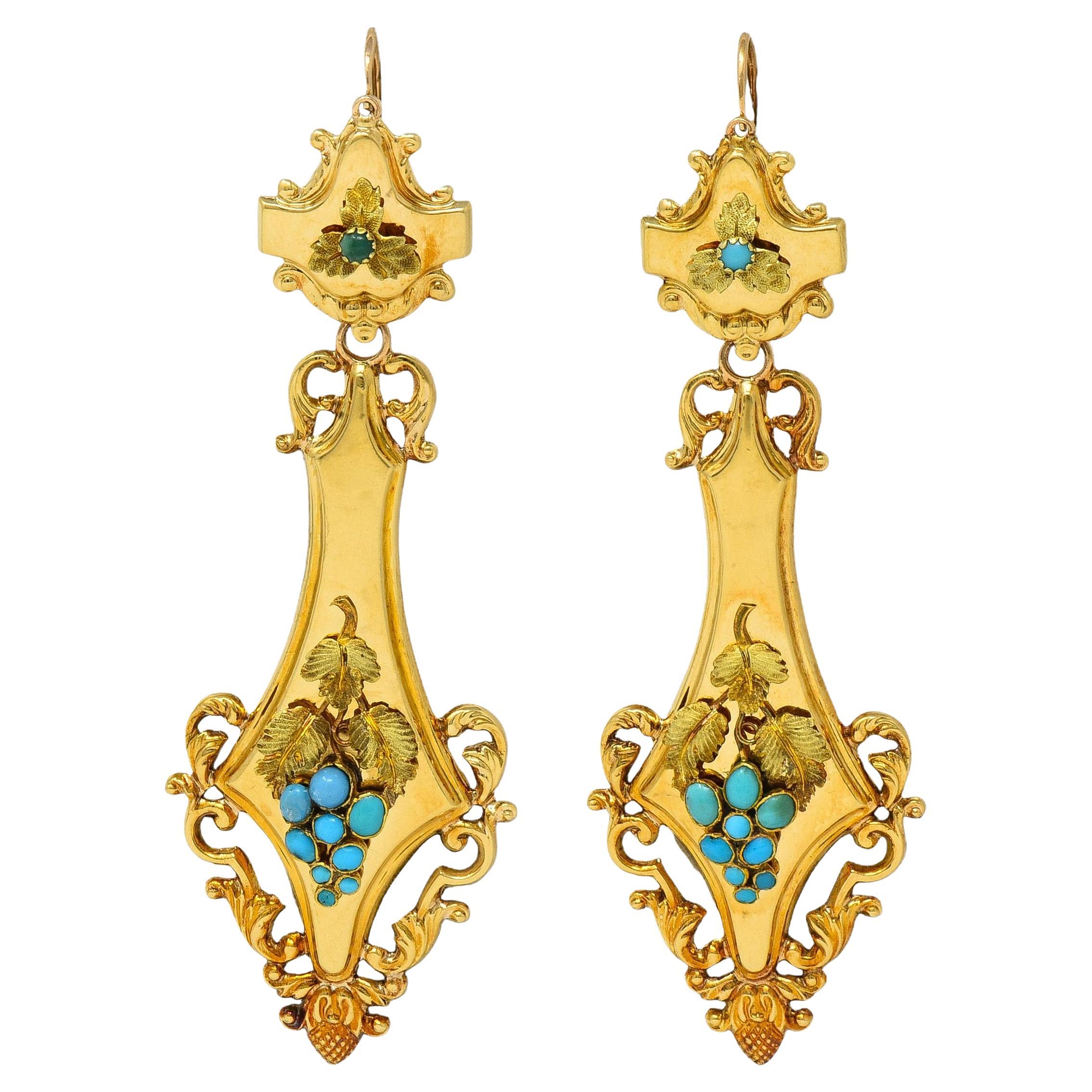 Victorian Neoclassical Revival Turquoise 18K Gold Antique Grape Drop Earrings For Sale
