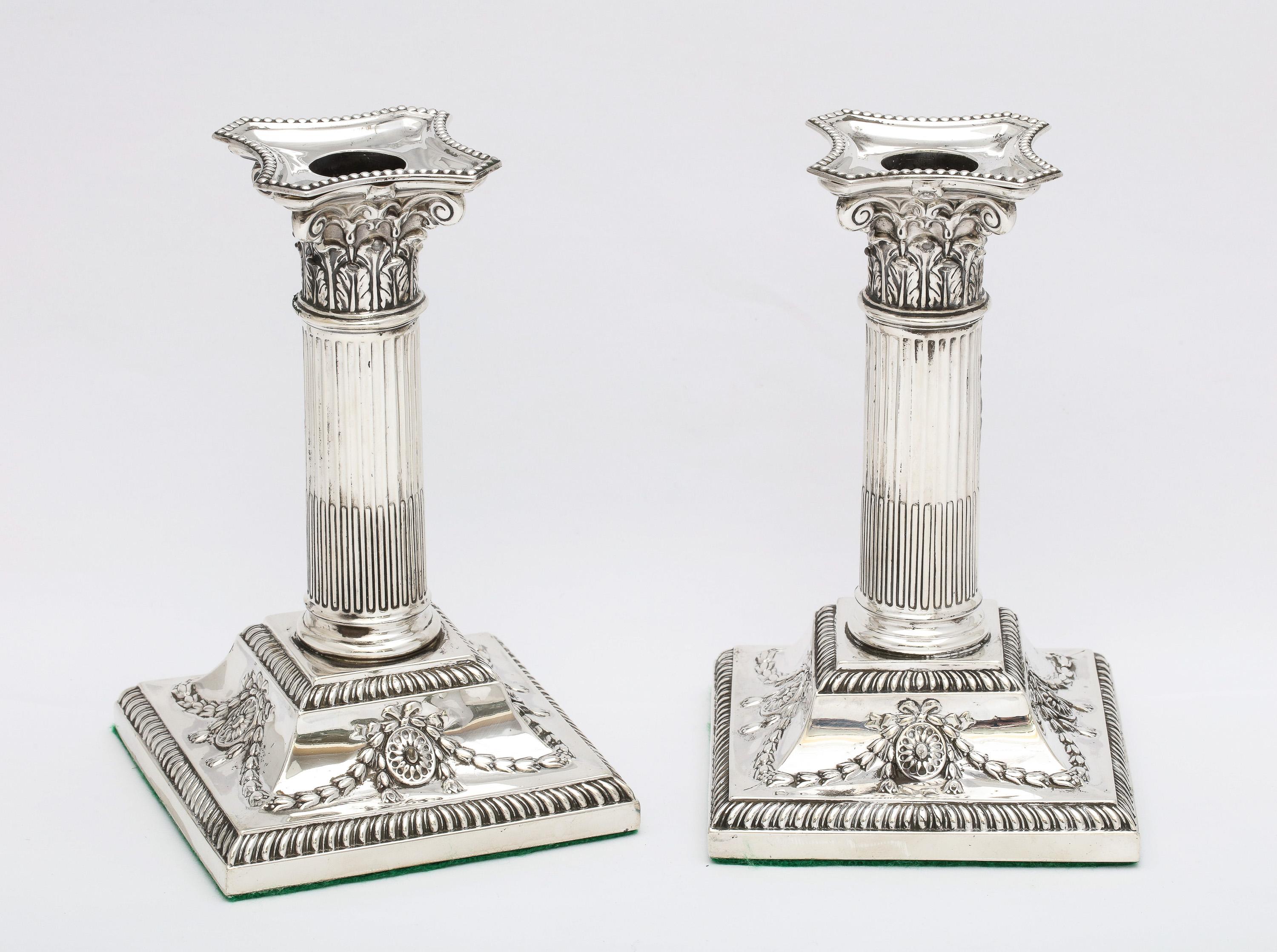 English Victorian Neoclassical-Style Sterling Silver Corinthian Column Candlesticks For Sale