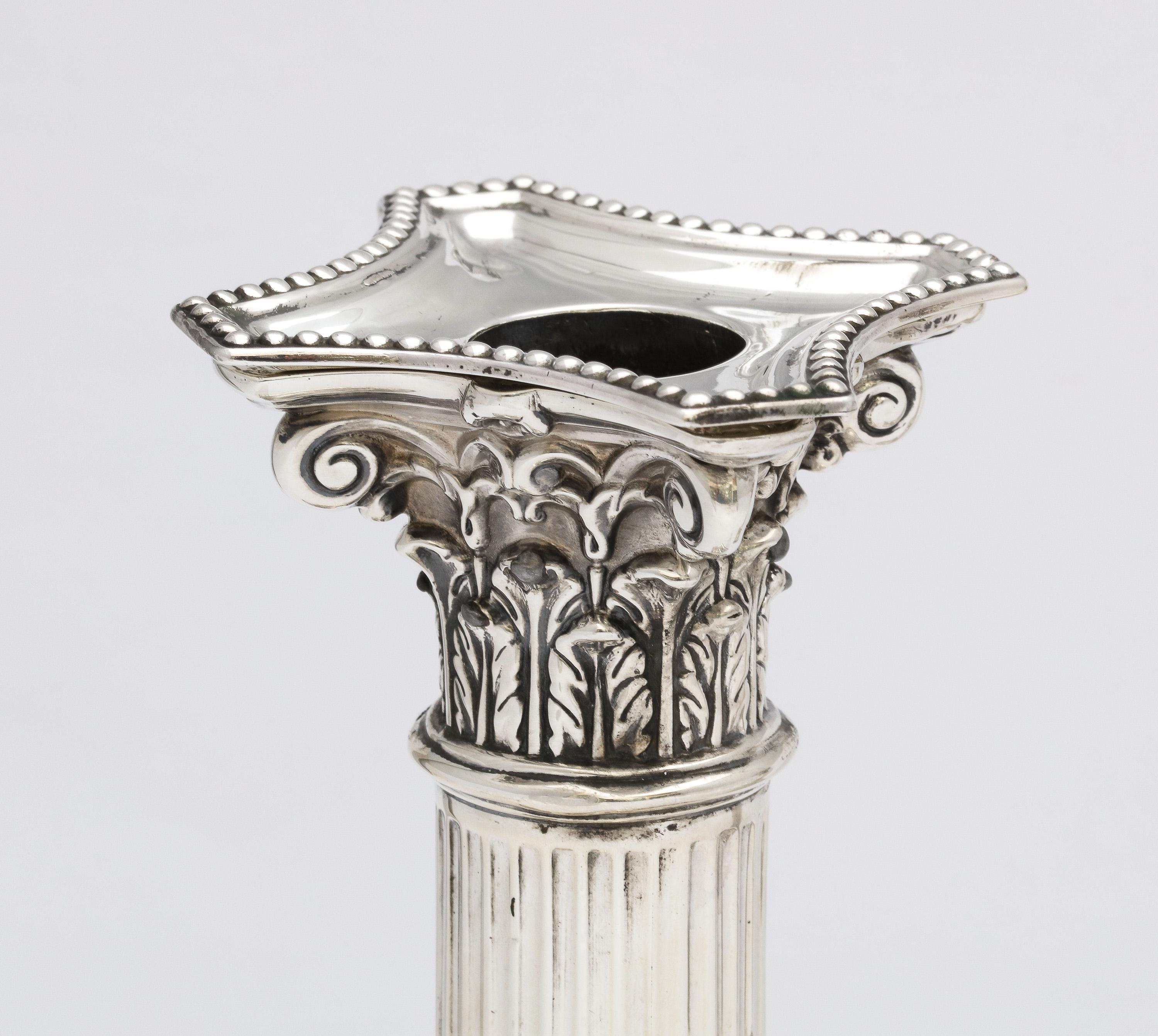 Victorian Neoclassical-Style Sterling Silver Corinthian Column Candlesticks For Sale 1