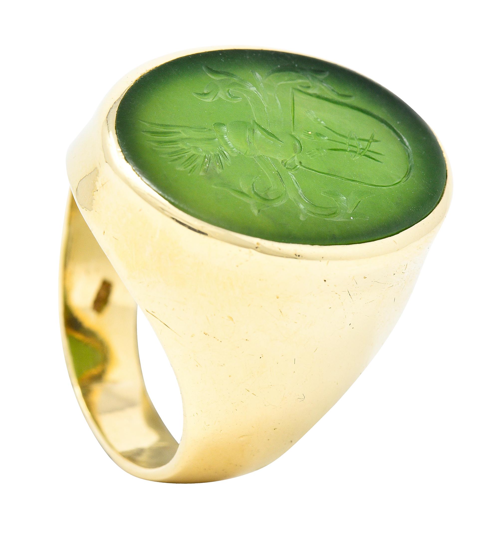 Victorian Nephrite Jade 14 Karat Yellow Gold Celtic Thistle Crest Carved Ring 6
