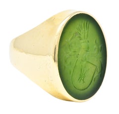 Victorian Nephrite Jade 14 Karat Yellow Gold Celtic Thistle Crest Carved Ring