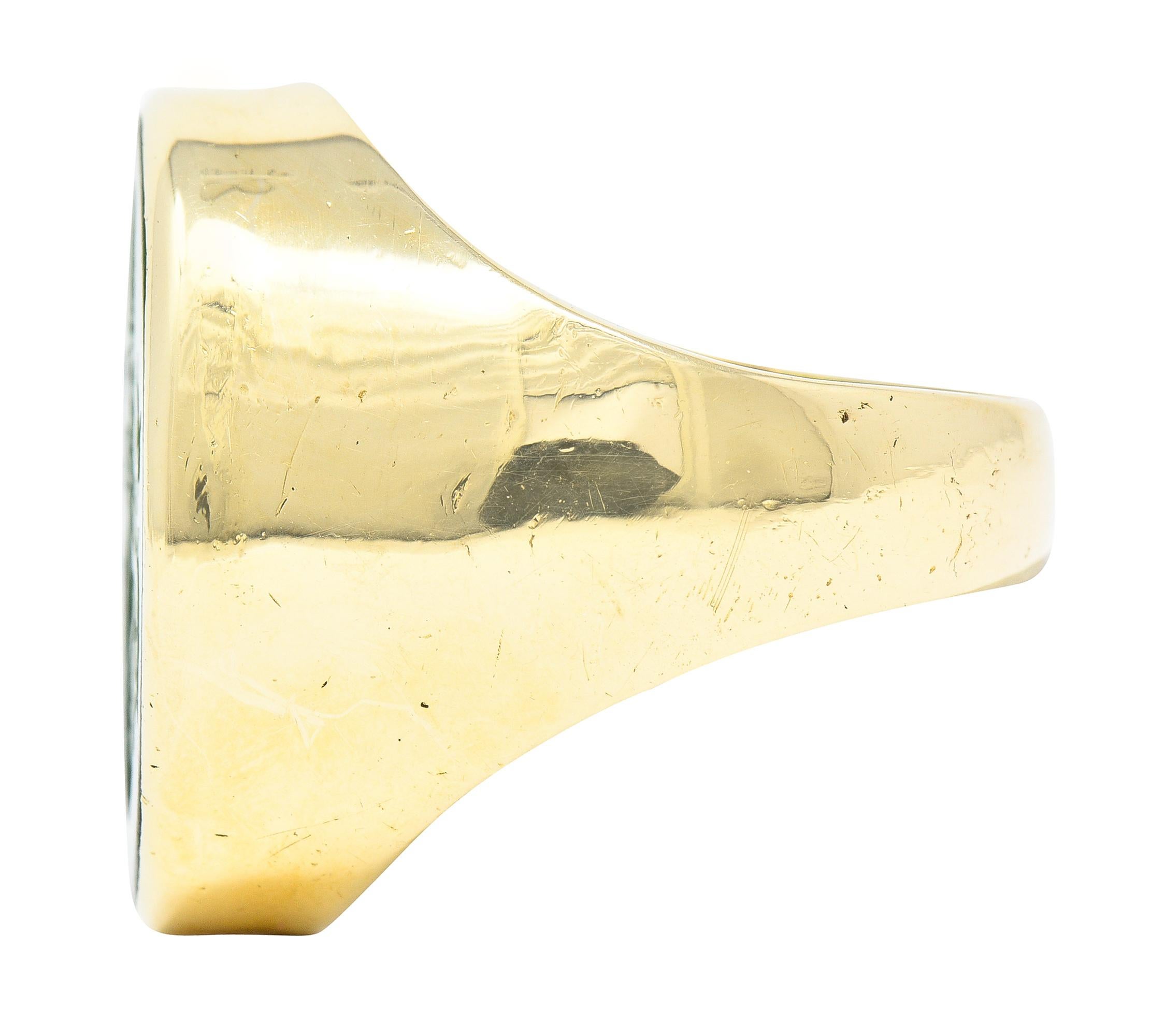 Women's or Men's Victorian Nephrite Jade 14 Karat Yellow Gold Celtic Thistle Crest Carved Ring