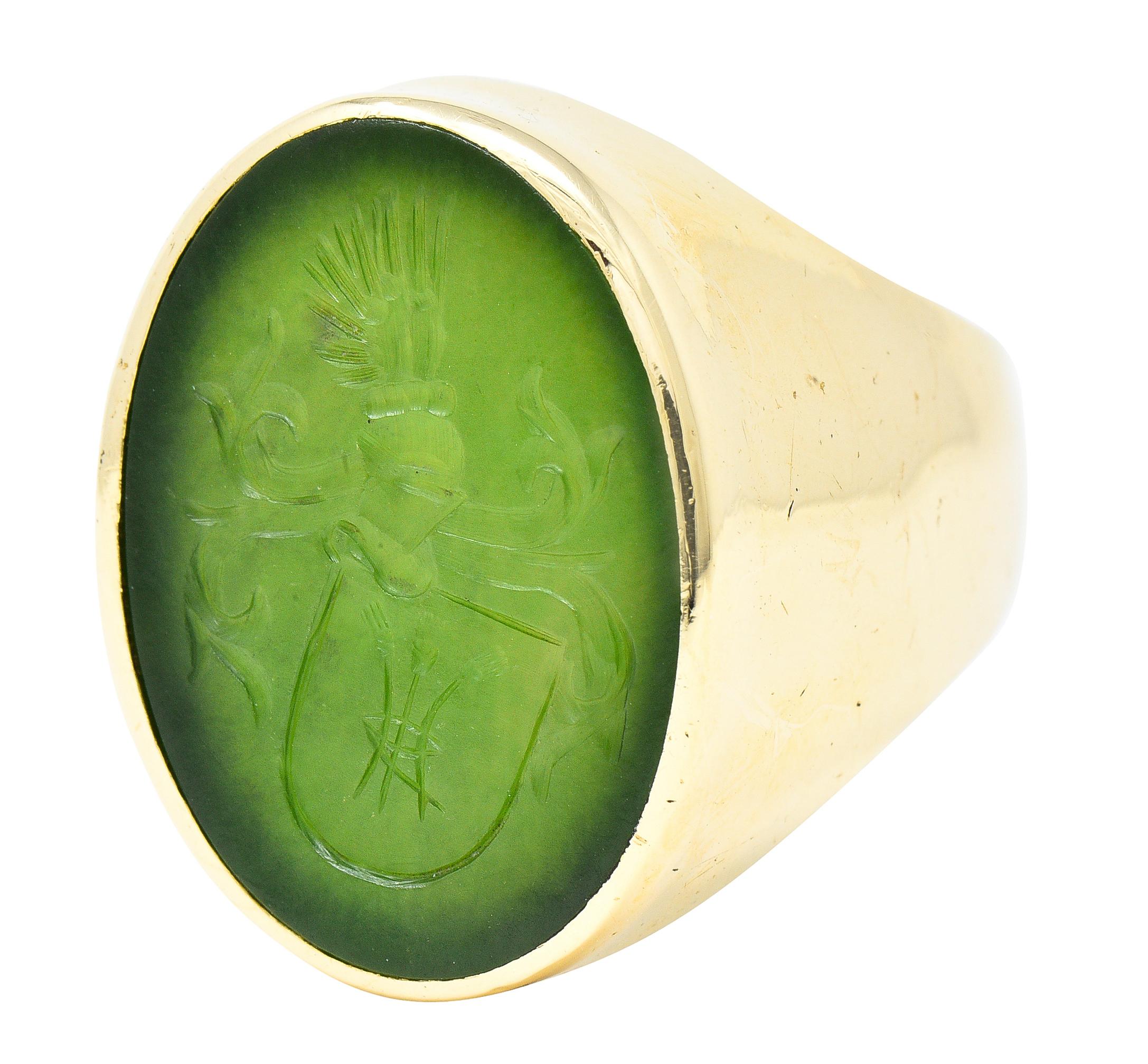 Victorian Nephrite Jade 14 Karat Yellow Gold Celtic Thistle Crest Carved Ring 1