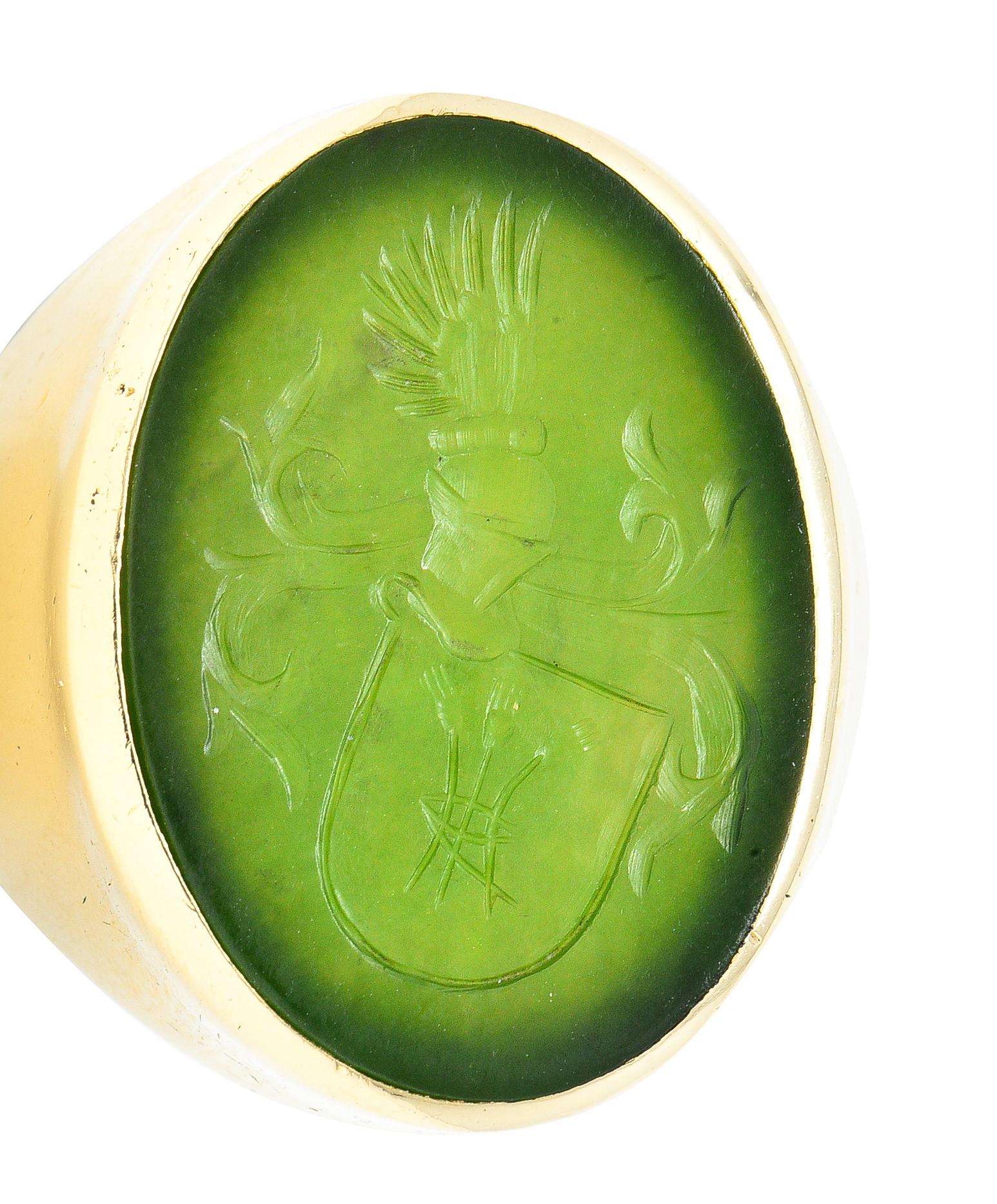 Victorian Nephrite Jade 14 Karat Yellow Gold Celtic Thistle Crest Carved Ring 3