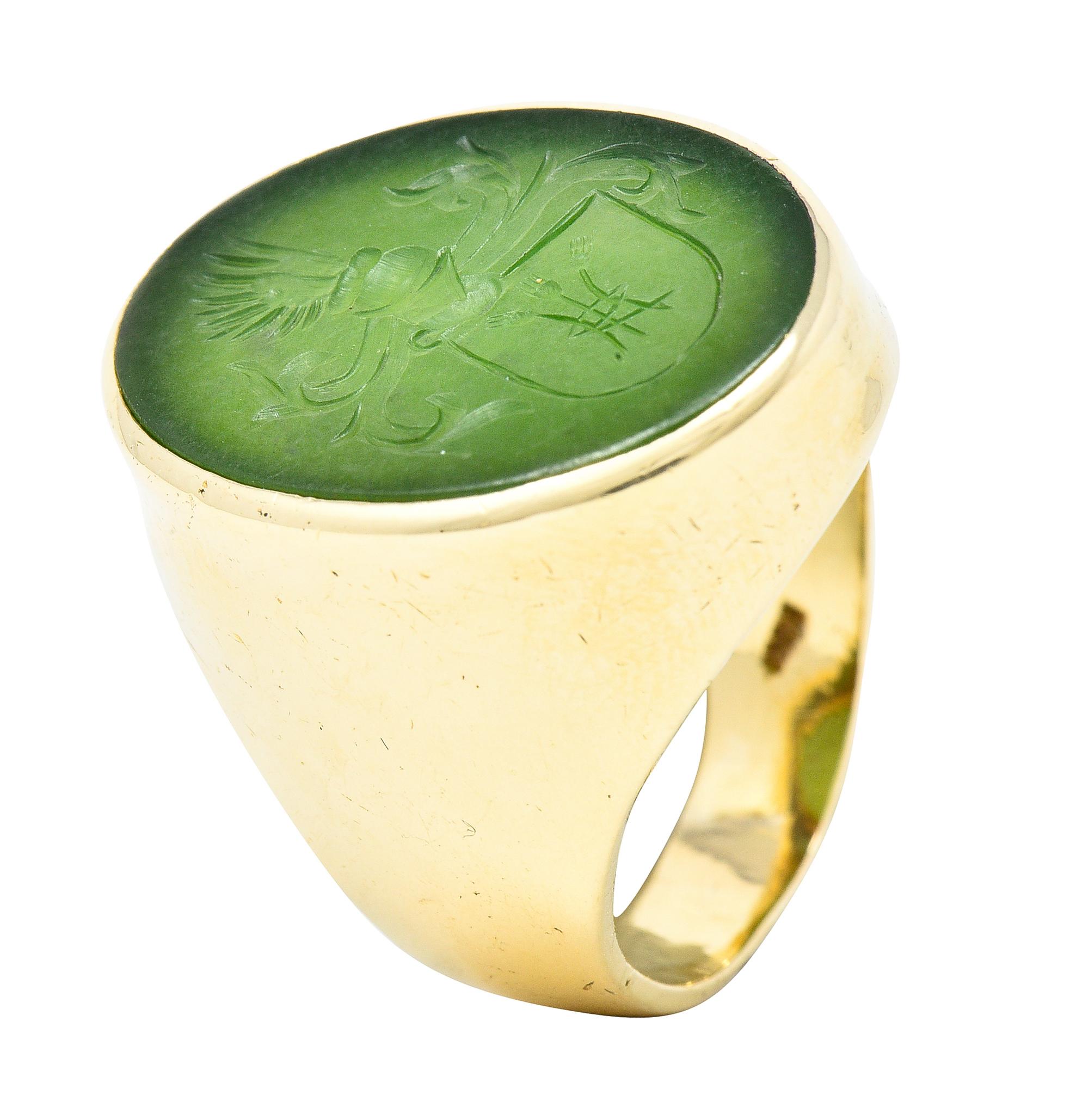 Victorian Nephrite Jade 14 Karat Yellow Gold Celtic Thistle Crest Carved Ring 4