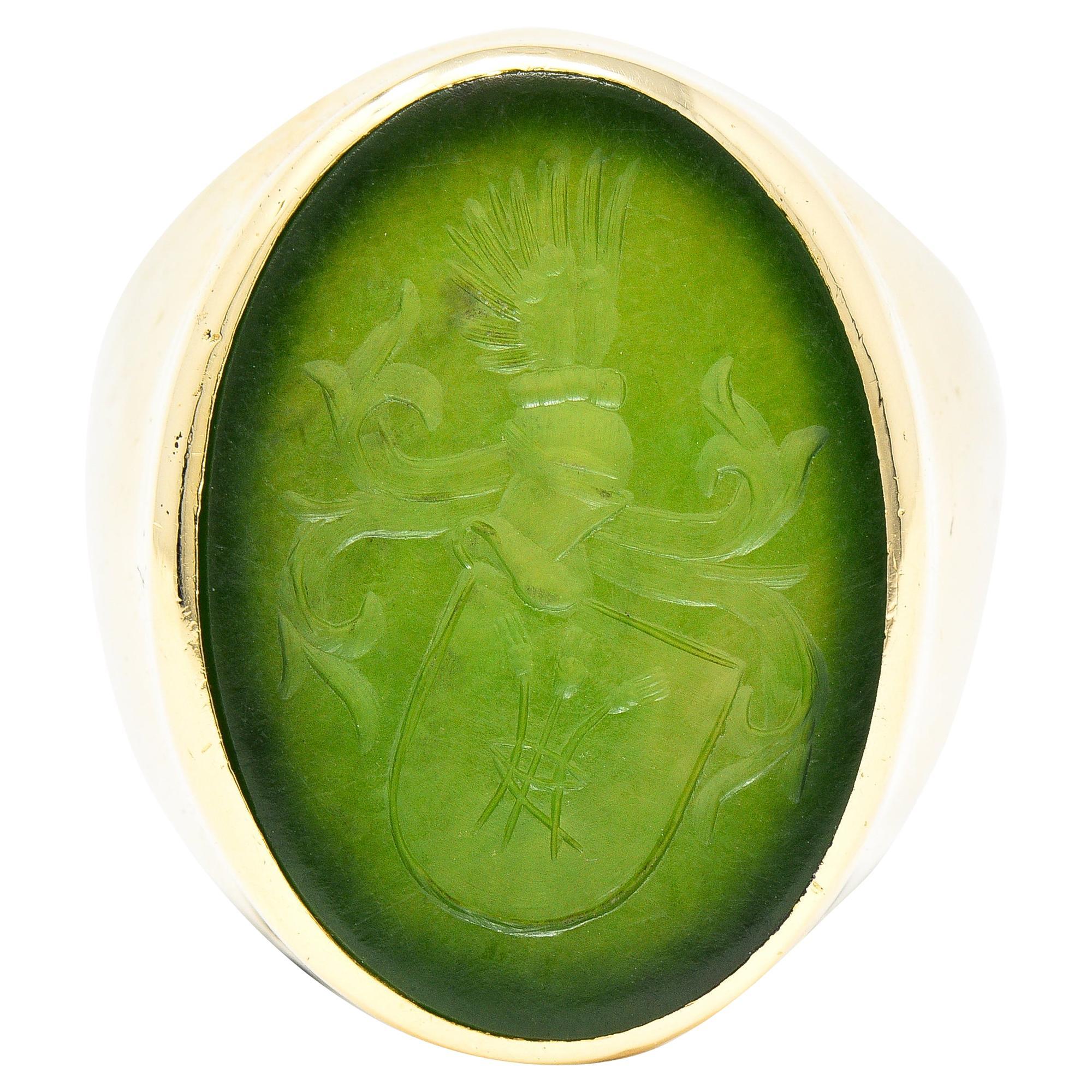 Victorian Nephrite Jade 14 Karat Yellow Gold Celtic Thistle Crest Carved Ring