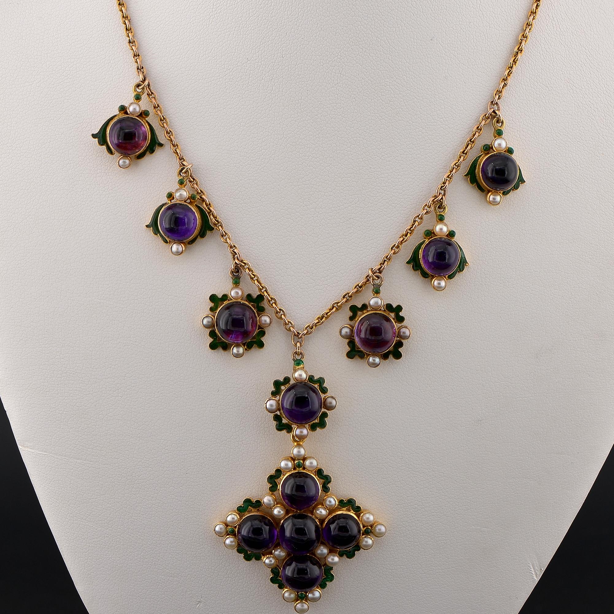Cabochon Victorian Night & Day Amethyst Pearl Enamel Drop Necklace For Sale