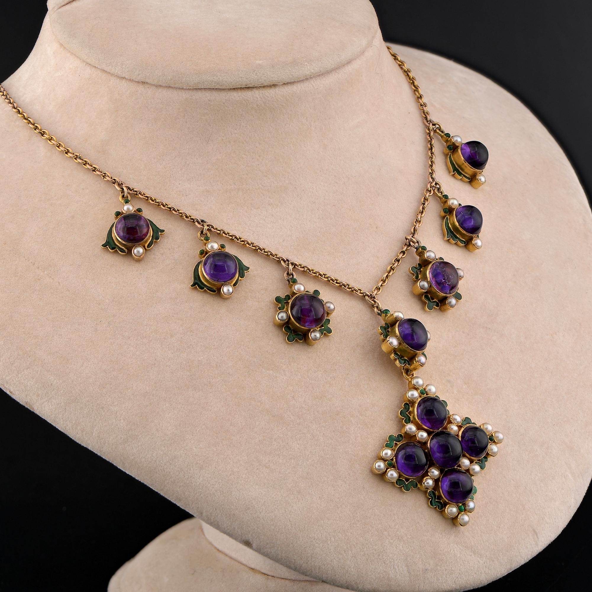 Victorian Night & Day Amethyst Pearl Enamel Drop Necklace In Good Condition For Sale In Napoli, IT