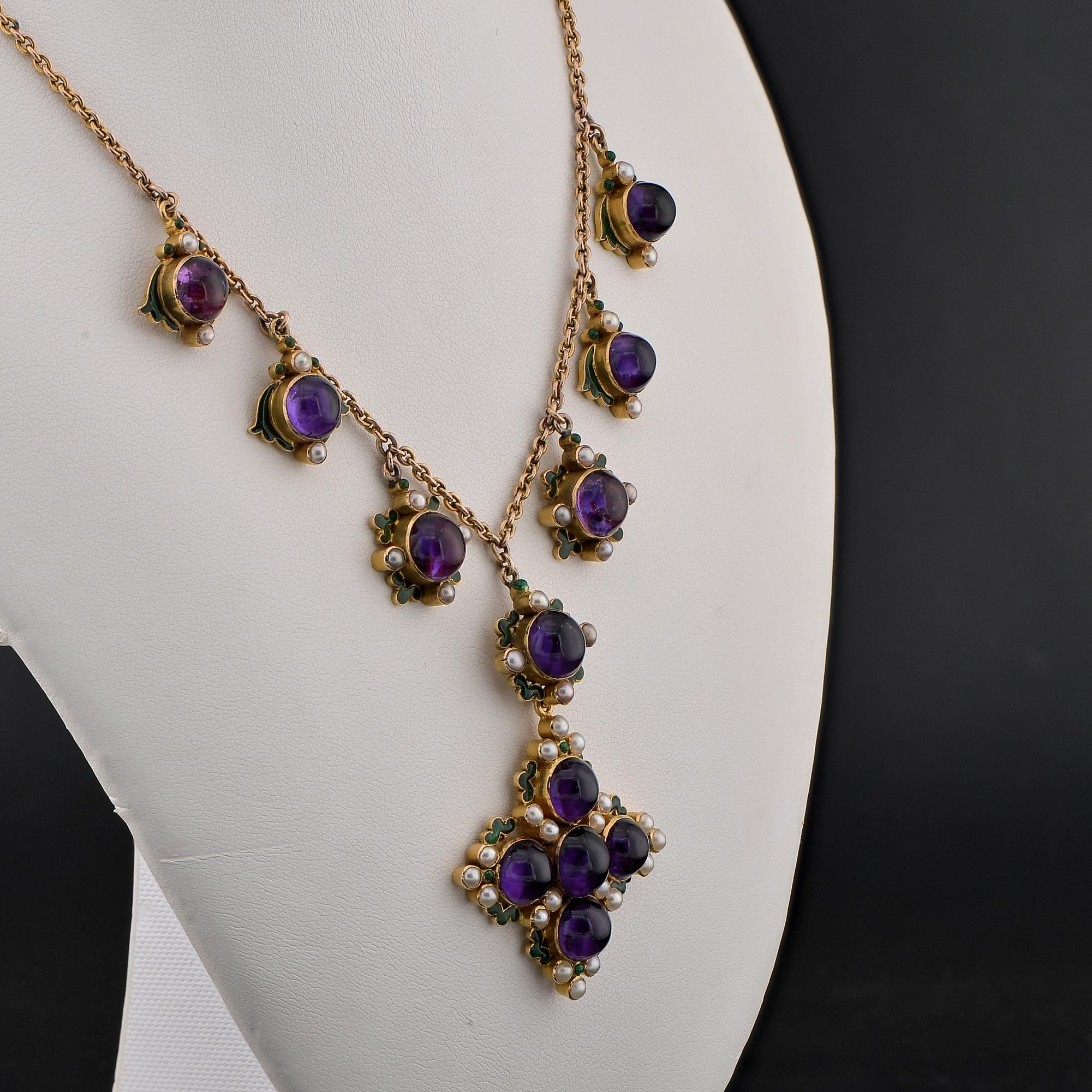 Women's Victorian Night & Day Amethyst Pearl Enamel Drop Necklace For Sale