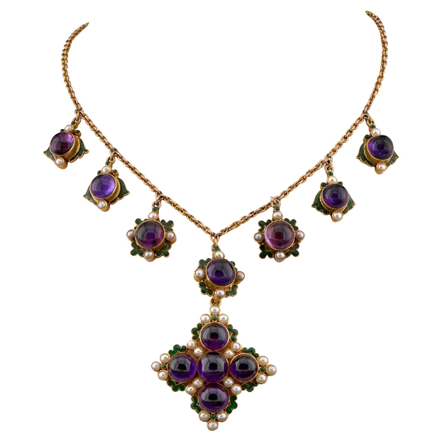 Victorian Night & Day Amethyst Pearl Enamel Drop Necklace For Sale