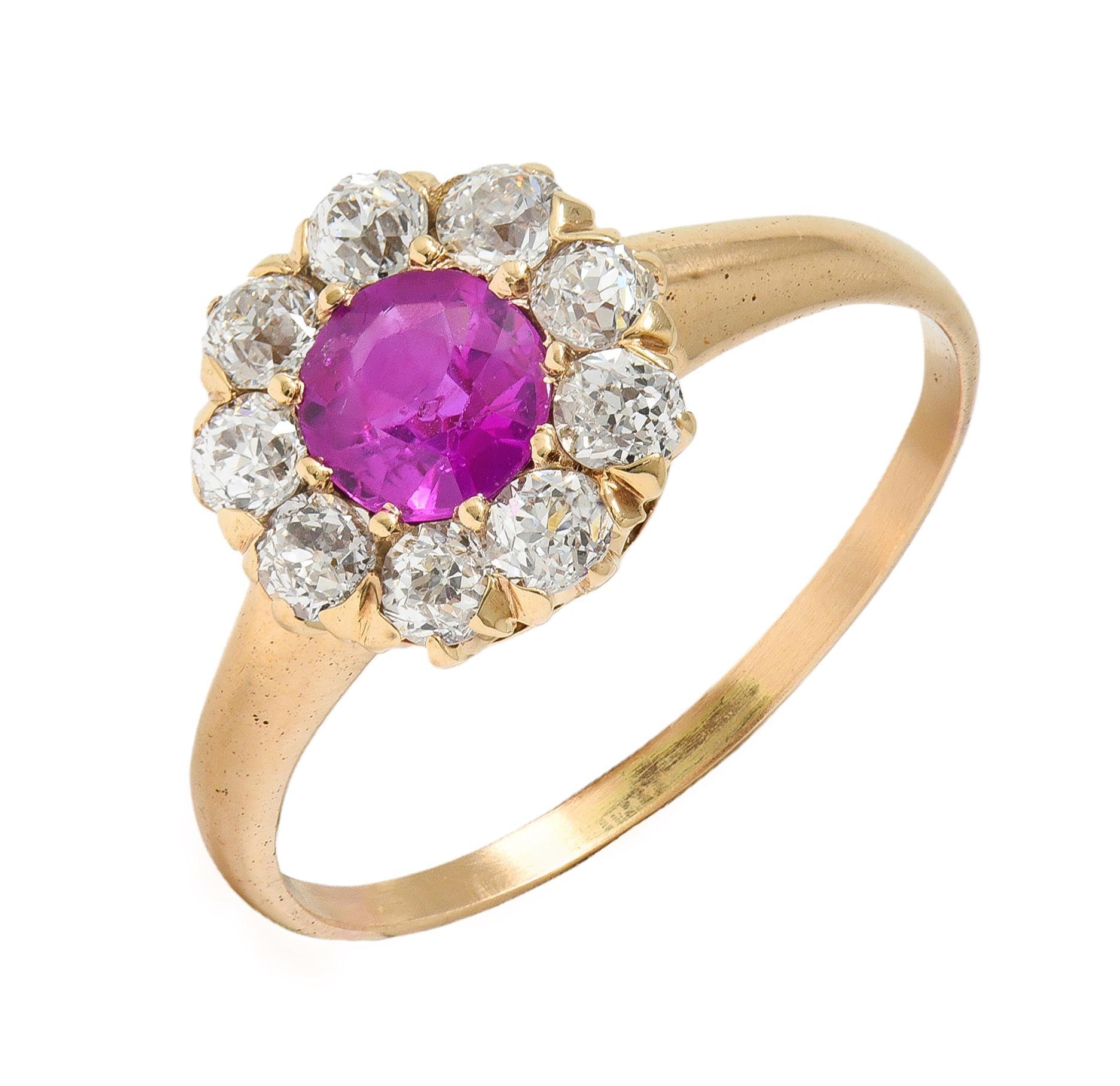 Anello vittoriano senza calore con zaffiro rosa di Birmania e diamante d'oro 14 carati GIA in vendita 4