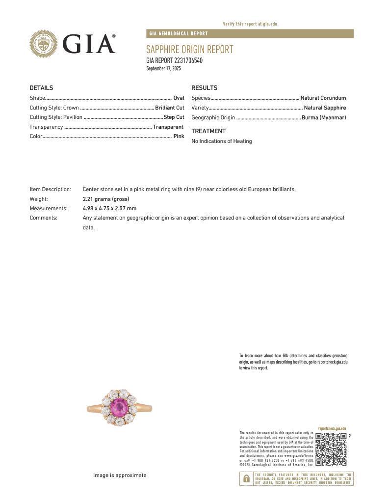 Anello vittoriano senza calore con zaffiro rosa di Birmania e diamante d'oro 14 carati GIA in vendita 7