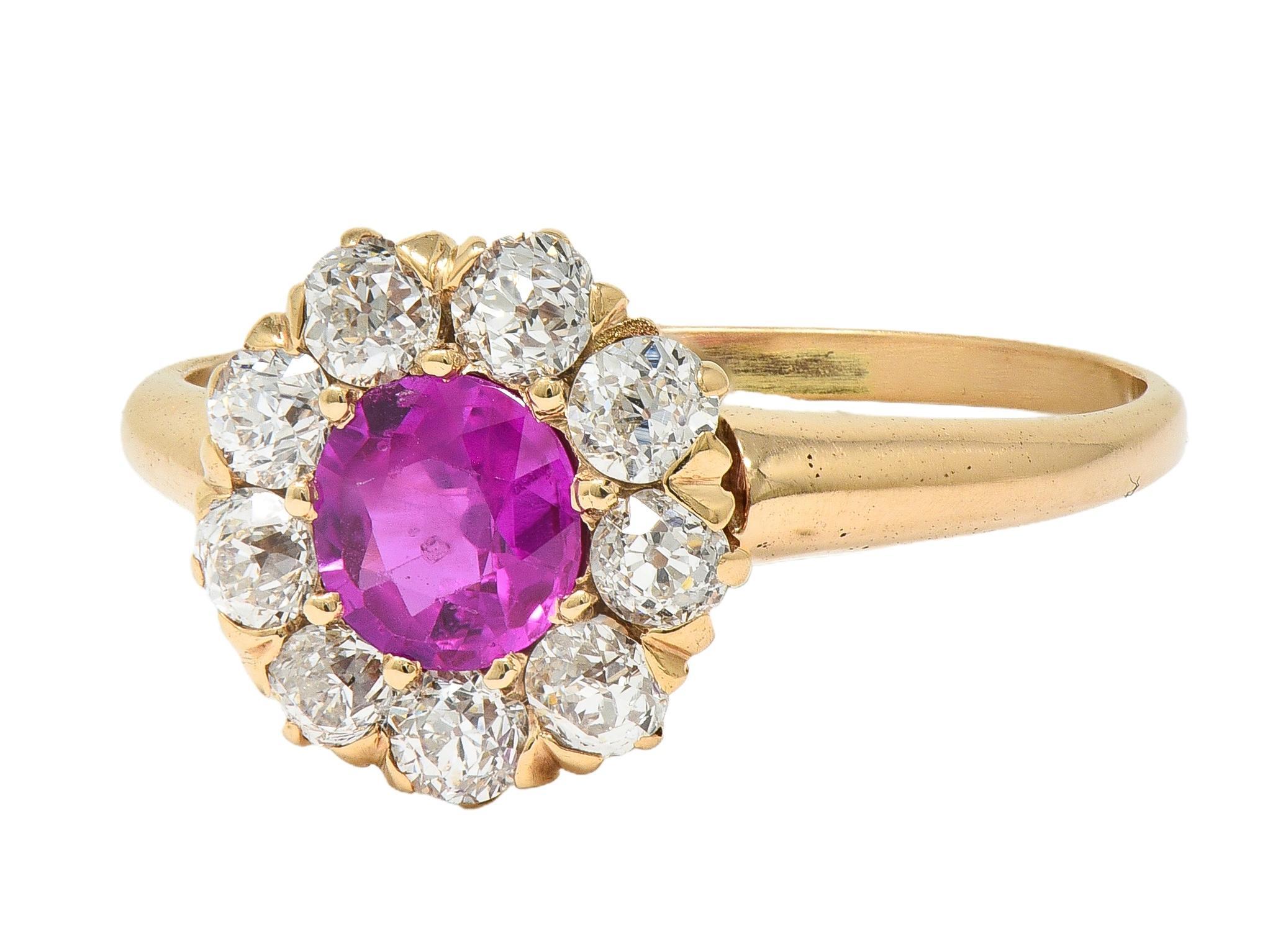 Anello vittoriano senza calore con zaffiro rosa di Birmania e diamante d'oro 14 carati GIA in vendita 1