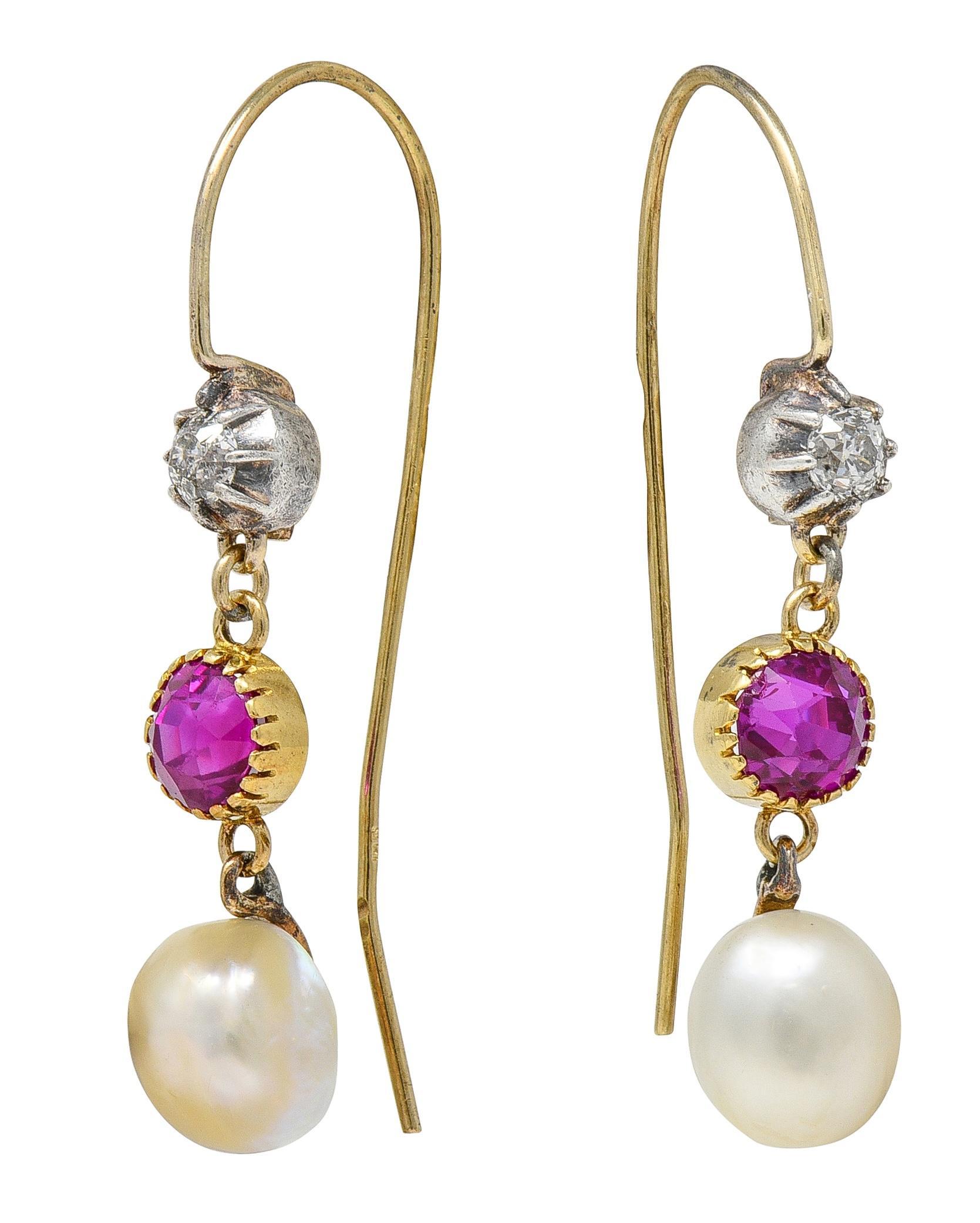 Victorian No Heat Burma Pink Sapphire Diamant Perle 14K Gold Tropfen Ohrringe GIA (Viktorianisch) im Angebot