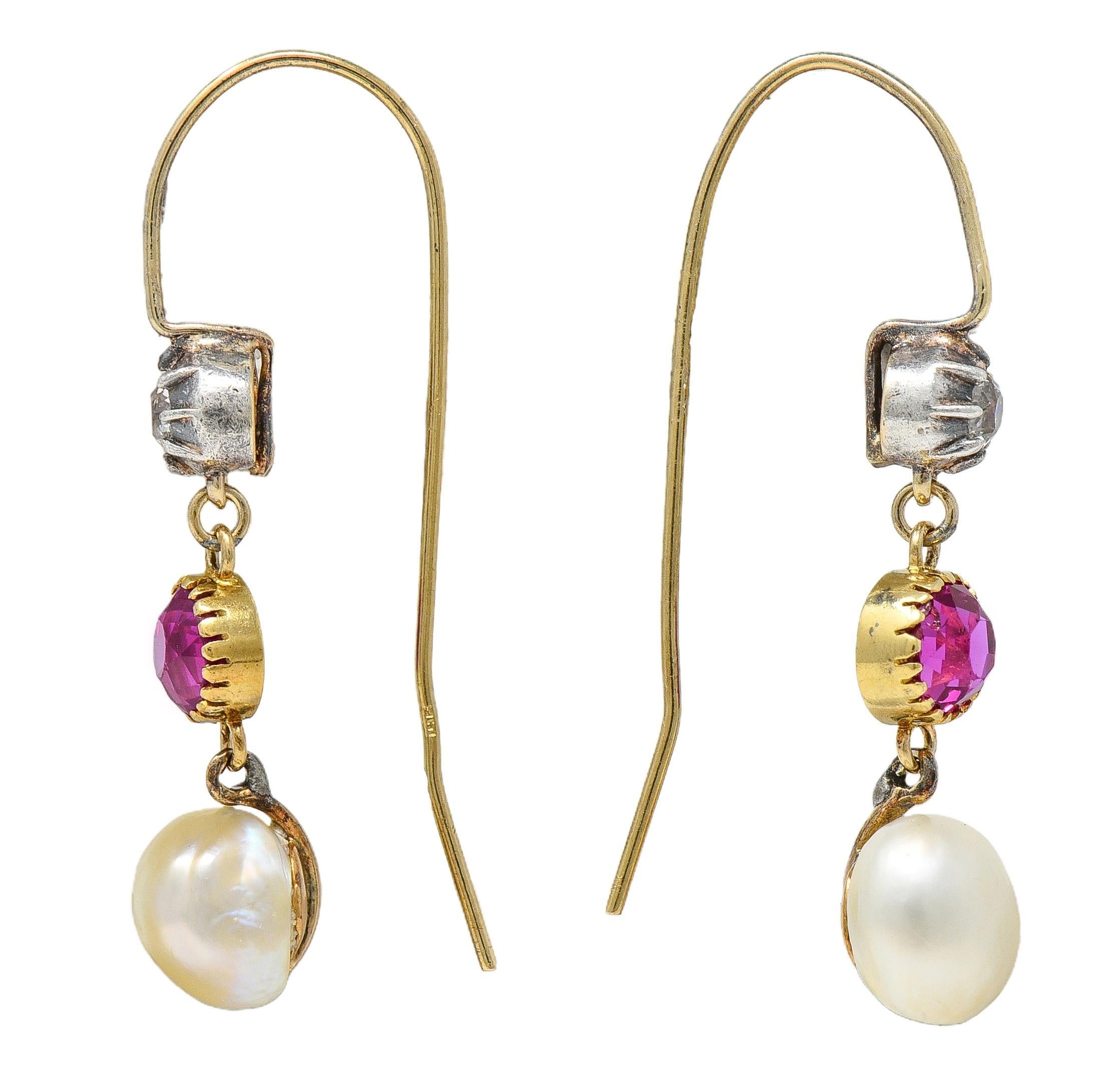 Victorian No Heat Burma Pink Sapphire Diamant Perle 14K Gold Tropfen Ohrringe GIA (Rundschliff) im Angebot