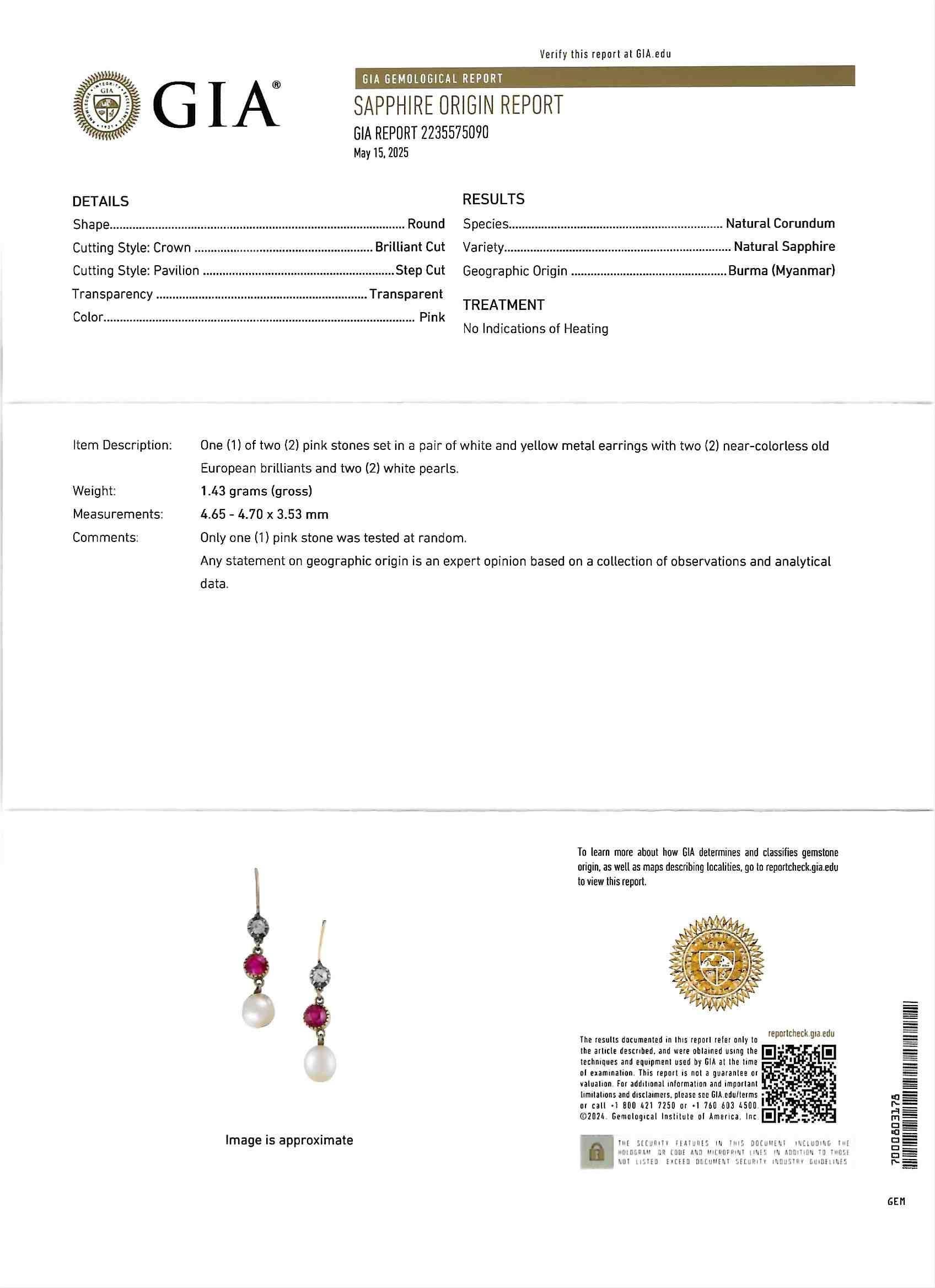 Victorian No Heat Burma Pink Sapphire Diamant Perle 14K Gold Tropfen Ohrringe GIA im Angebot 2