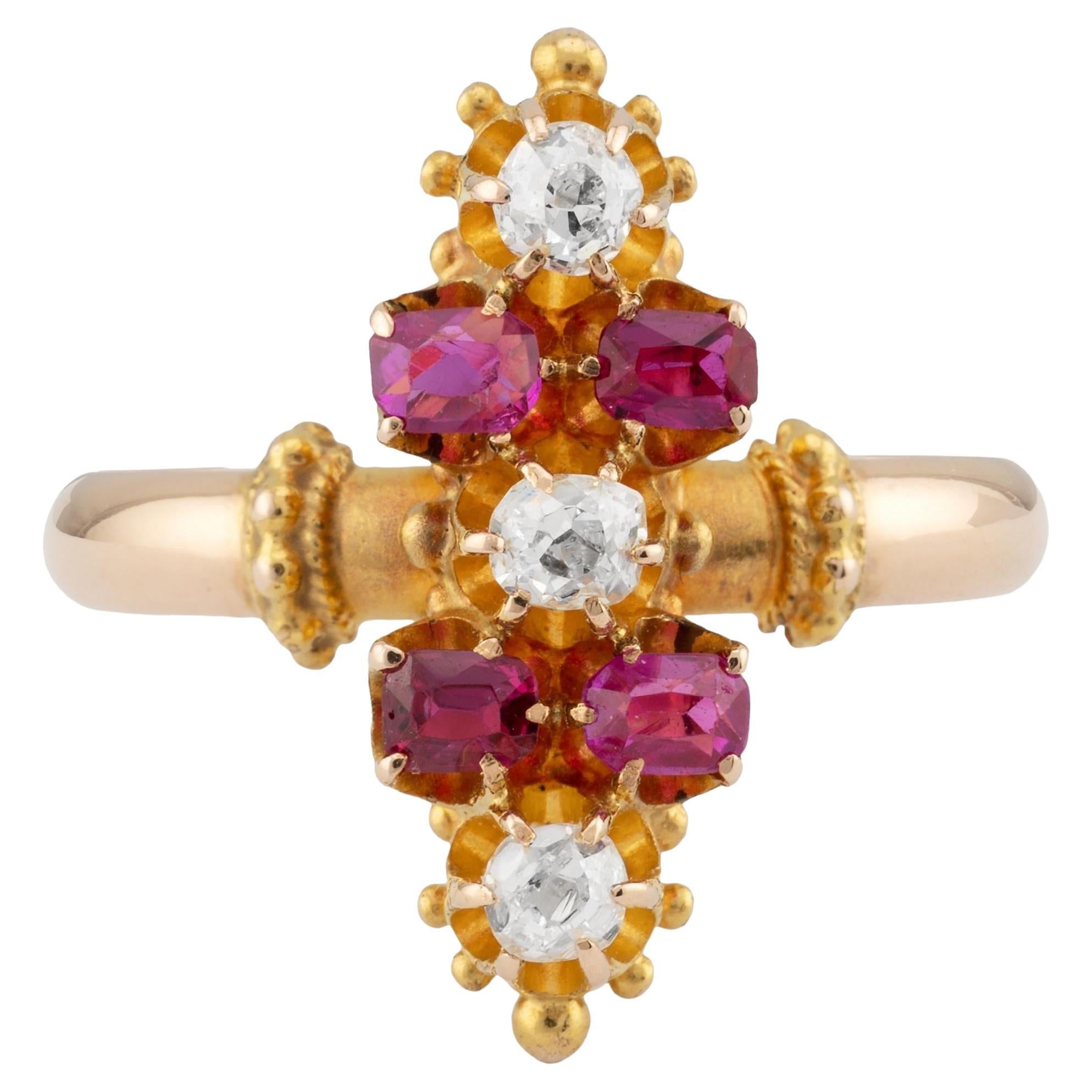 Victorian No Heat Burma Ruby & Diamond Cocktail Ring in 18K Yellow Gold