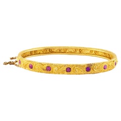 Victorian No Heat Burma Ruby Engraved Bangle Bracelet in 14 Karat Yellow Gold