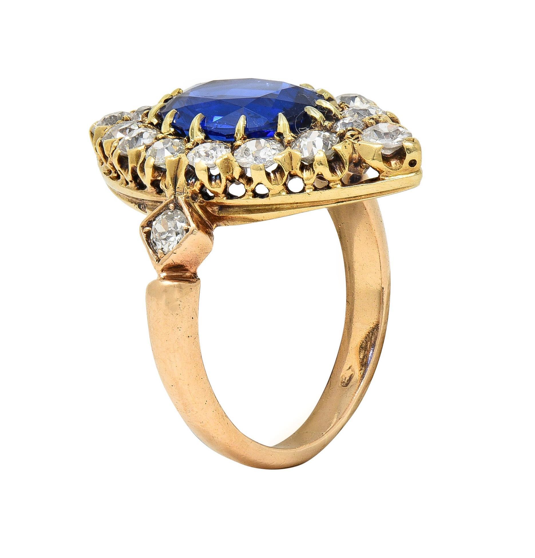 Antiker viktorianischer Navette-Cluster-Ring aus 14 Karat Gold mit unbehandeltem Burma-Saphir und Diamant im Angebot 5