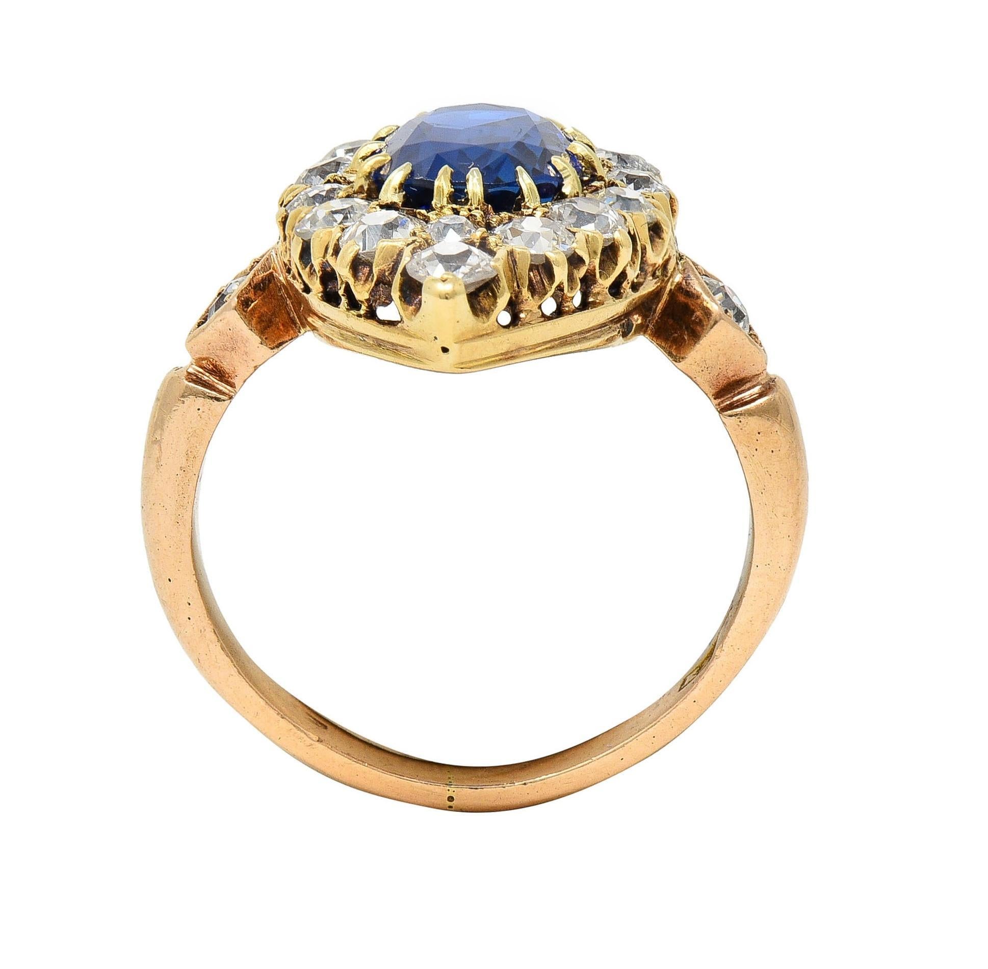Antiker viktorianischer Navette-Cluster-Ring aus 14 Karat Gold mit unbehandeltem Burma-Saphir und Diamant im Angebot 6