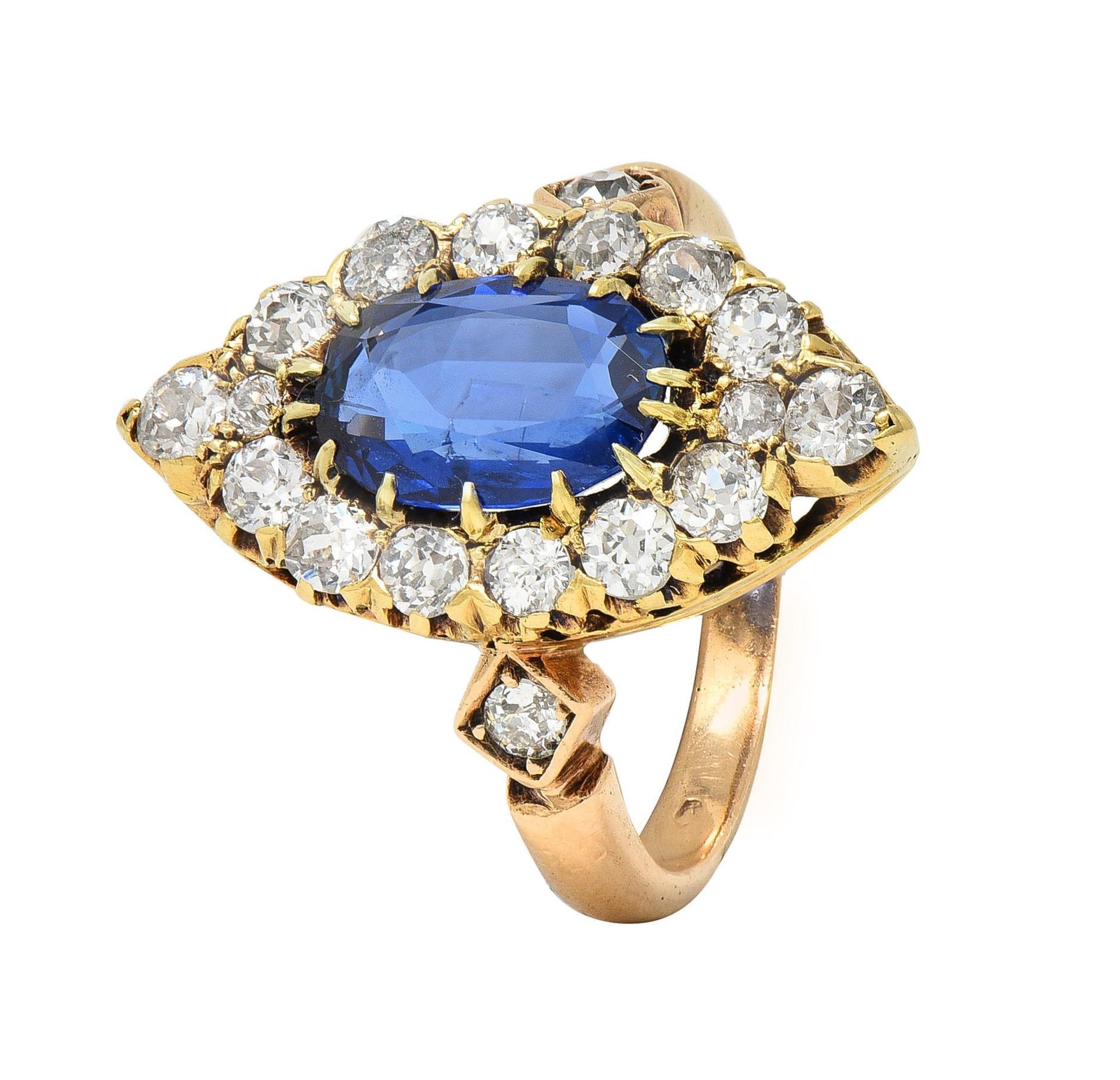 Victorian No Heat Burma Sapphire Diamond 14K Gold Antique Navette Cluster Ring For Sale 8
