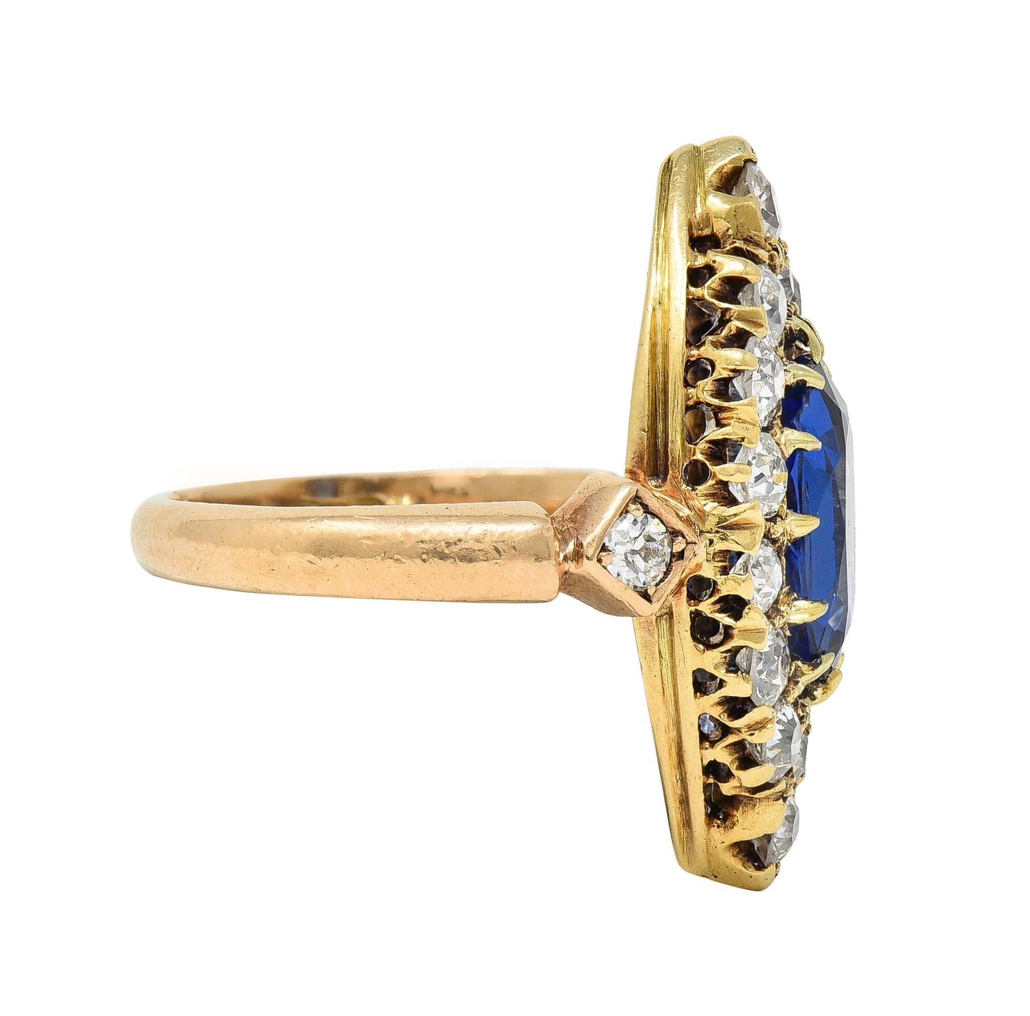 Victorian No Heat Burma Sapphire Diamond 14K Gold Antique Navette Cluster Ring In Excellent Condition For Sale In Philadelphia, PA
