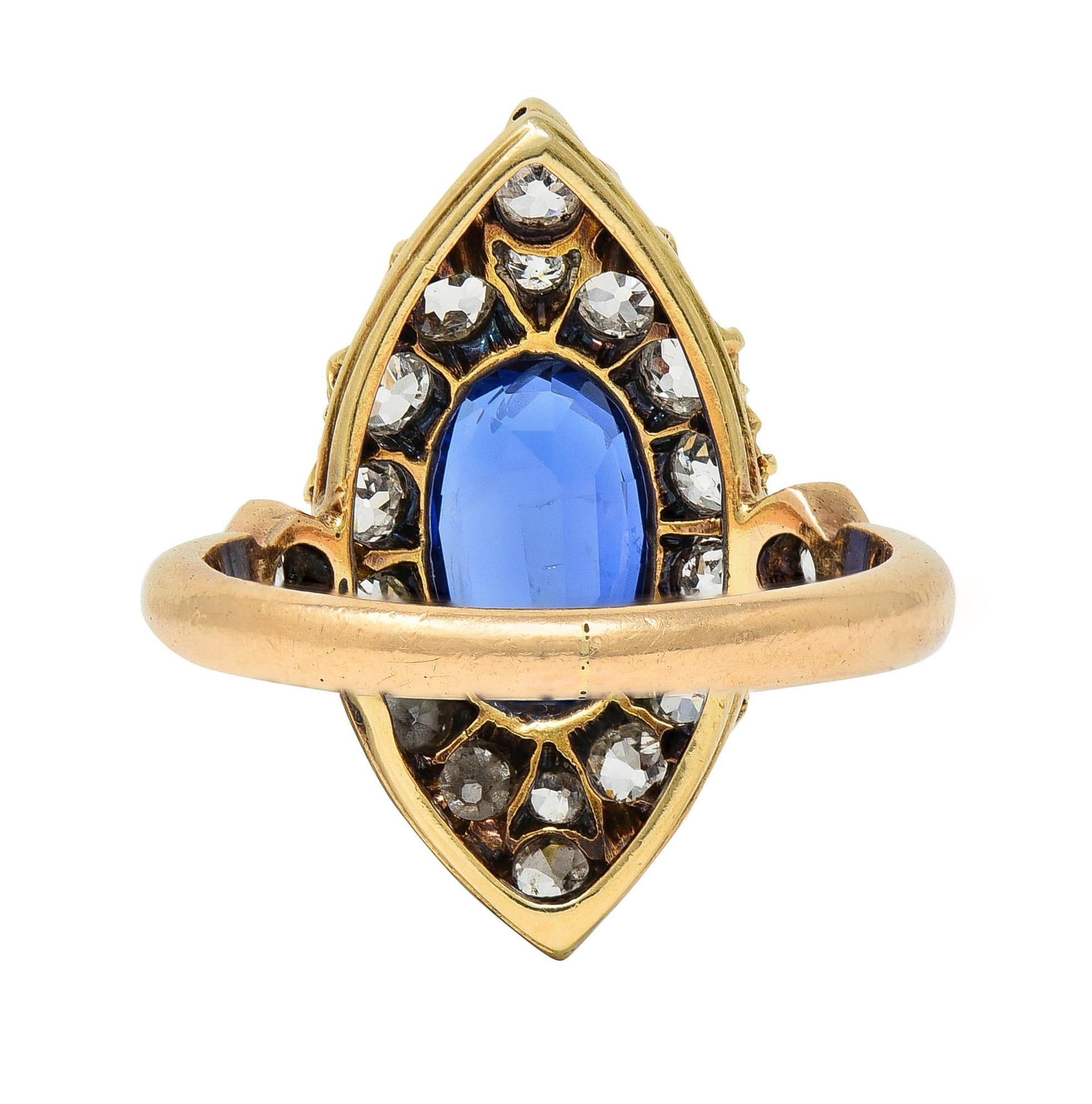 Women's or Men's Victorian No Heat Burma Sapphire Diamond 14K Gold Antique Navette Cluster Ring For Sale