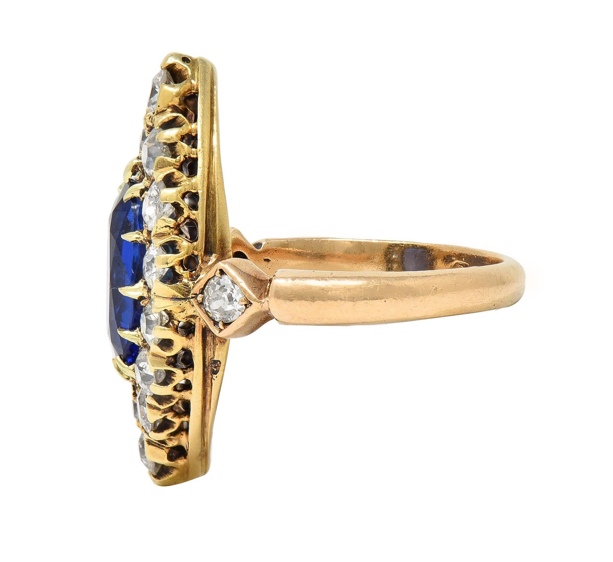 Victorian No Heat Burma Sapphire Diamond 14K Gold Antique Navette Cluster Ring For Sale 1