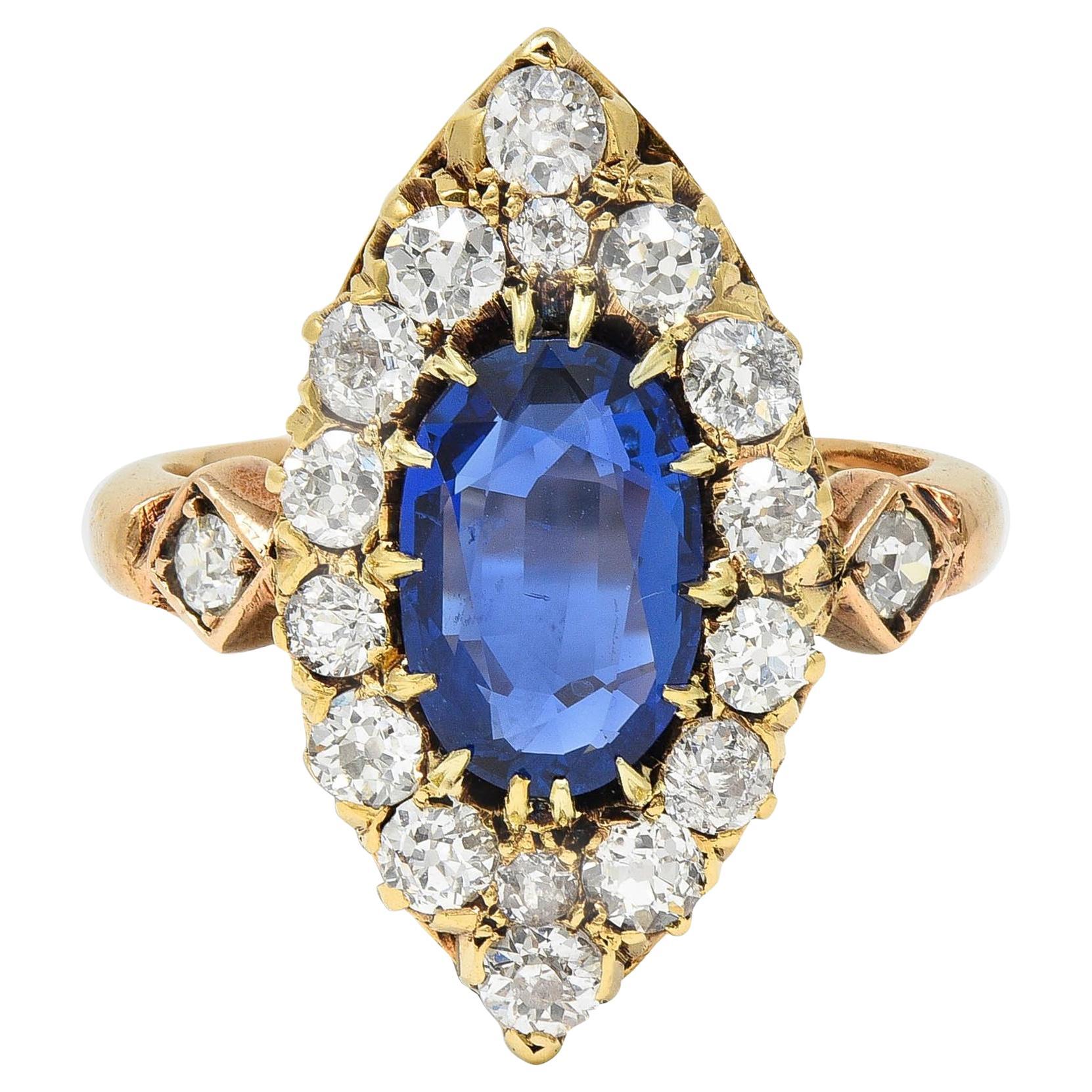 Victorian No Heat Burma Sapphire Diamond 14K Gold Antique Navette Cluster Ring For Sale