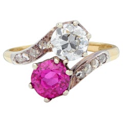 Victorian No Heat Burma Sapphire Diamond 14K Gold Silver Antique Toi-Et-Moi Ring