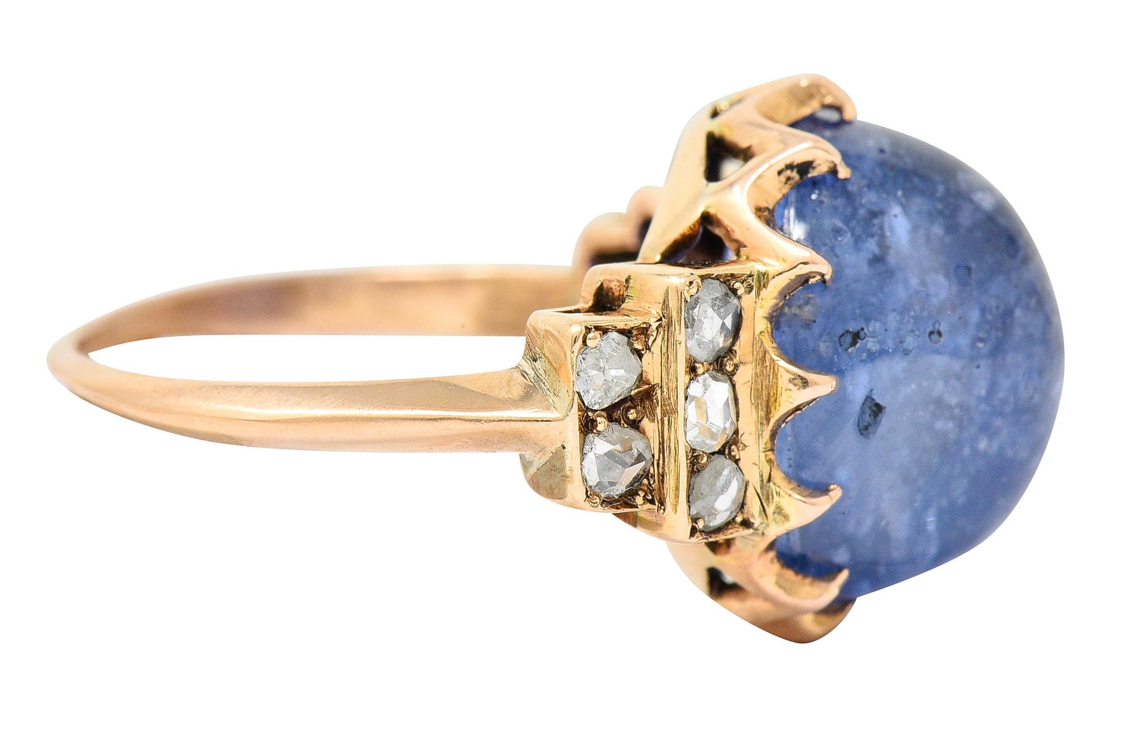 Victorian No Heat Ceylon 18.80 Carats Sapphire Diamond 14 Karat Rose Gold Ring In Excellent Condition In Philadelphia, PA