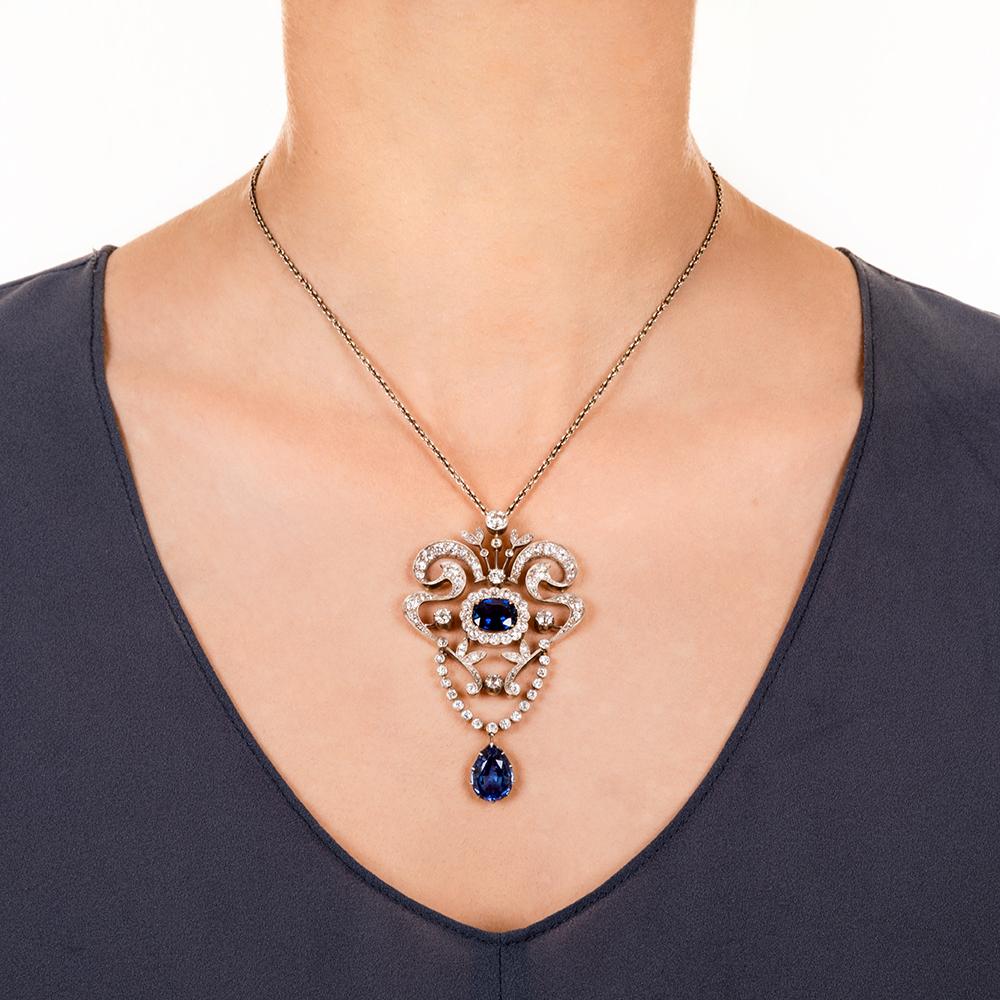 Viktorianische Lavalière-Halskette aus Ceylon-Saphir und Diamant ohne Hitze im Zustand „Hervorragend“ in San Francisco, CA