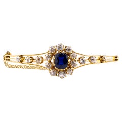 Victorian No Heat Sapphire & Old Mine Cut Diamond Bangle Bracelet in 18K Gold