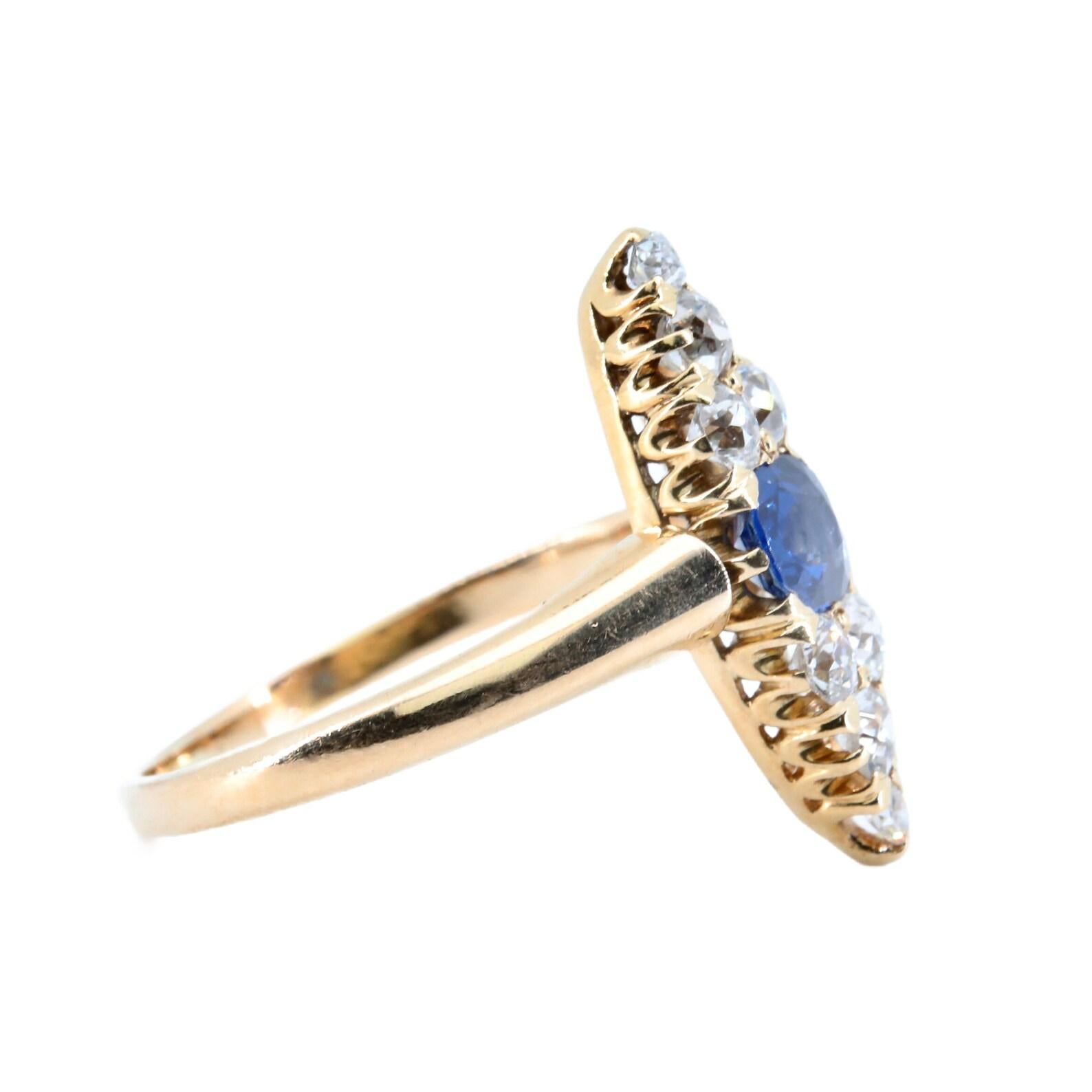 A late victorian period No Heat Sapphire, and old mine cut diamond ring.

Crafted in a traditional Navette form, this ring is centered by a 0.80 carat GIA Certified No Heat natural blue sapphire.

Framing the sapphire are eight old mine cut diamonds