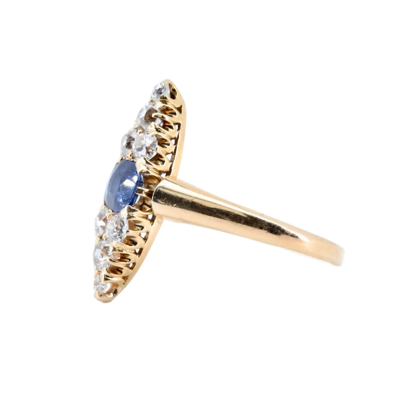 Victorian No Heat Sapphire, & Old Mine Cut Diamond Navette Ring In Good Condition For Sale In Boston, MA