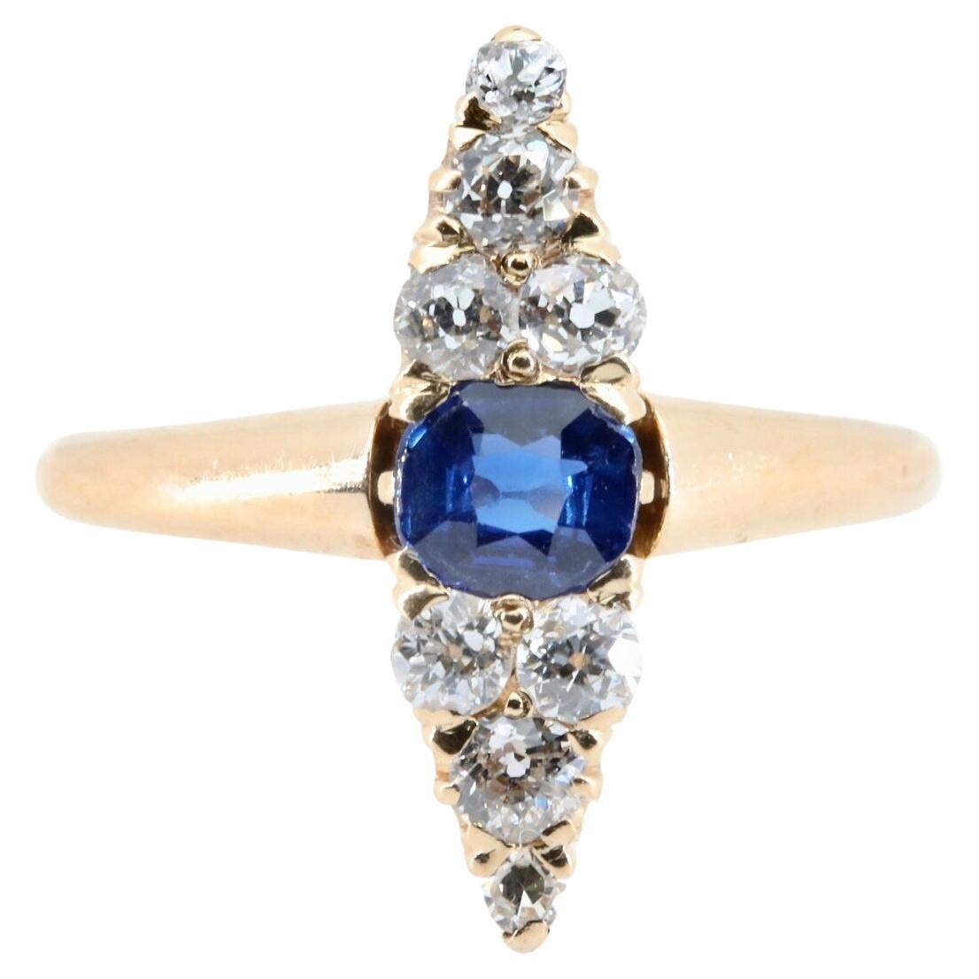 Victorian No Heat Sapphire, & Old Mine Cut Diamond Navette Ring For Sale
