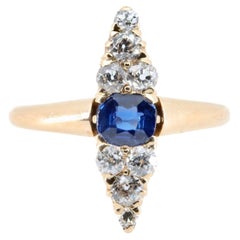 Antique Victorian No Heat Sapphire, & Old Mine Cut Diamond Navette Ring