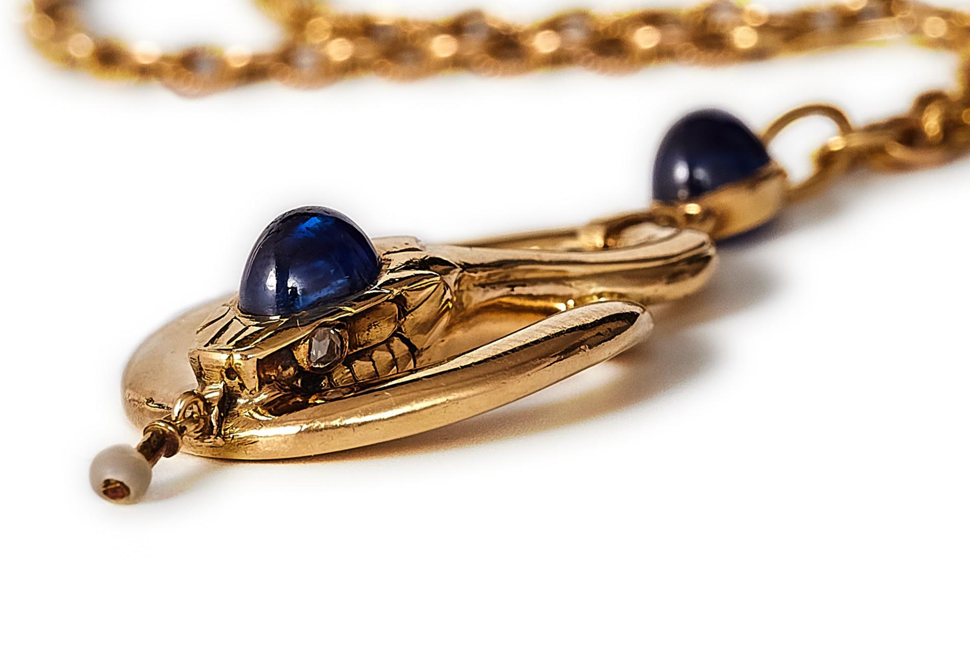 Vittoriano Collana a serpente con zaffiro senza calore, circa 1890. in vendita
