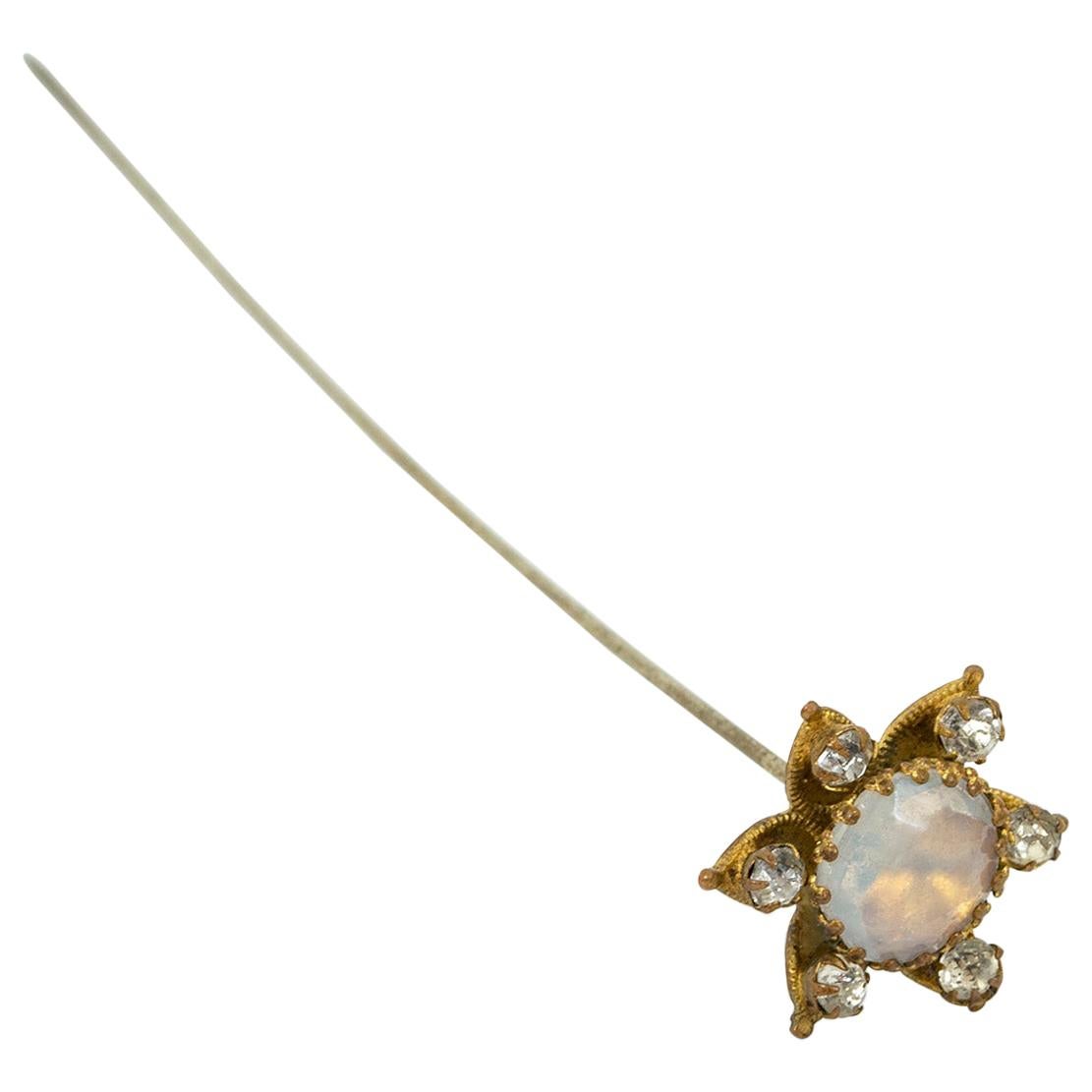 Victorian Nouveau Brass Opaline Molded Glass Flower Hat Pin with Crystals, 1900s