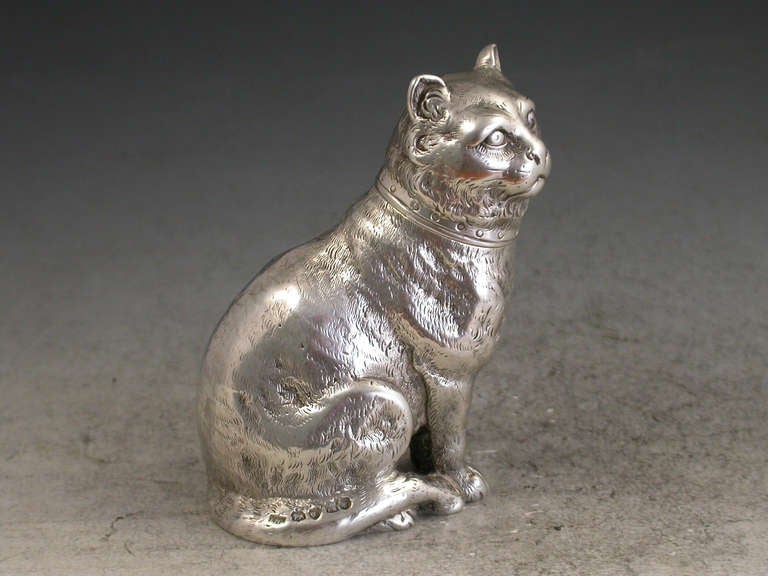English Victorian Novelty Antique Cast Silver Cat Pepper, by E H Stockwell, London, 1876 For Sale