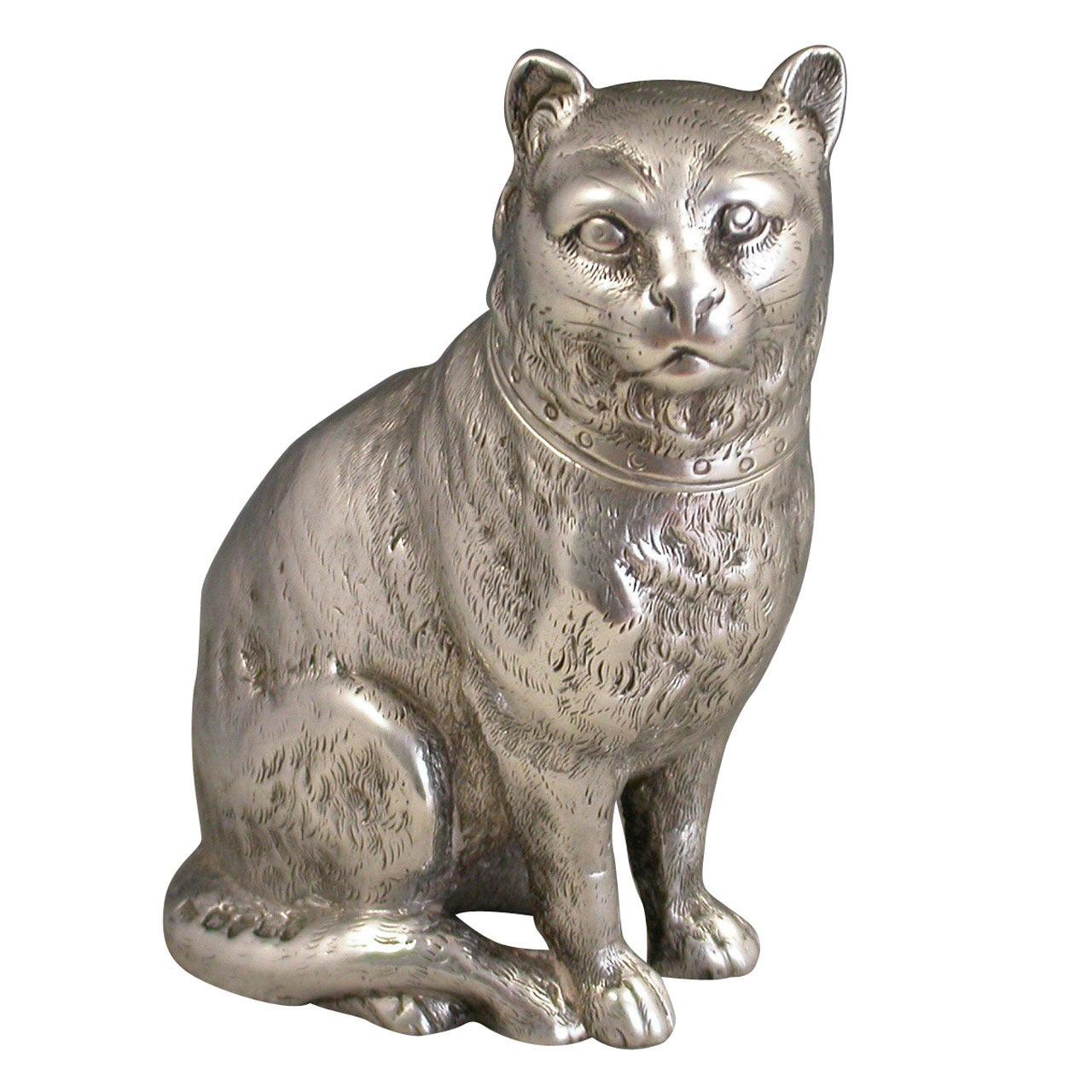 Victorian Novelty Antique Cast Silver Cat Pepper, by E H Stockwell, London, 1876 For Sale