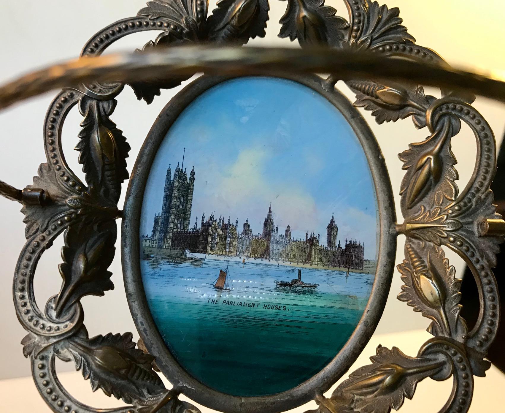 English Victorian Novelty Brass Basket with Image of the Parliament Houses, 19th Century For Sale