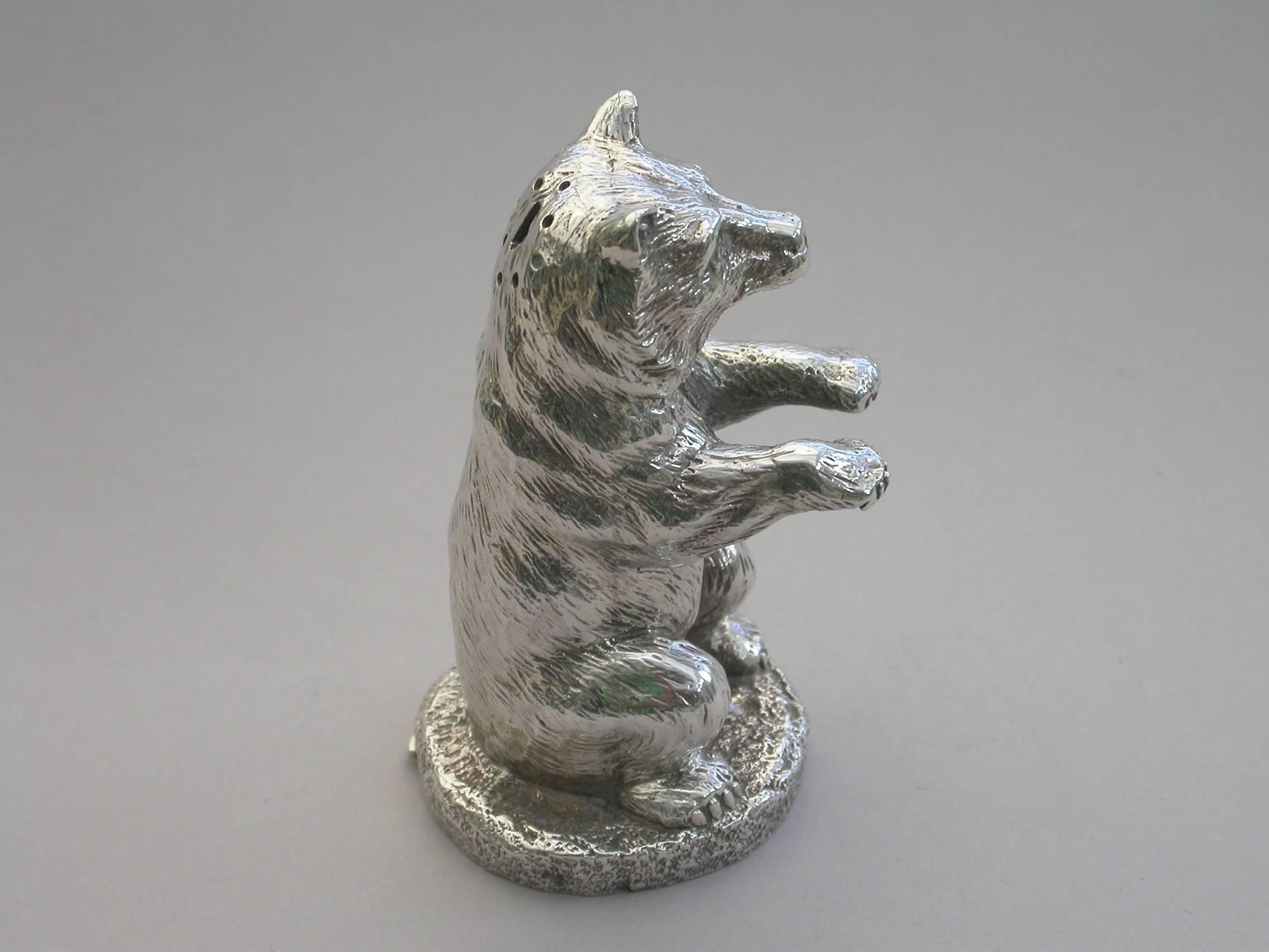 English Victorian Novelty Cast Silver Crouching Bear Pepper E H Stockwell, London, 1875