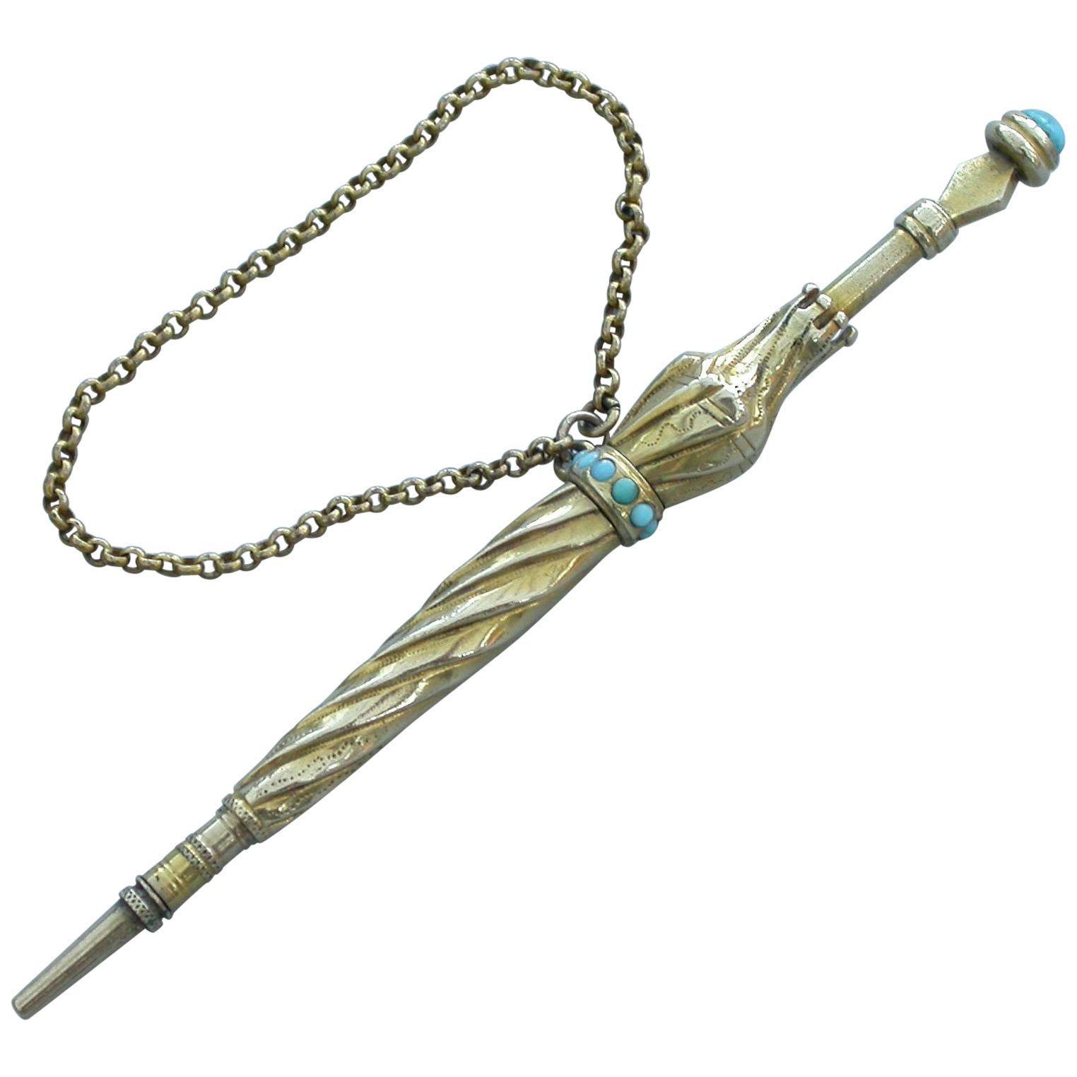 Victorian Novelty Gold and Turquoise Umbrella Propelling Pencil, Unmarked, 1884 For Sale