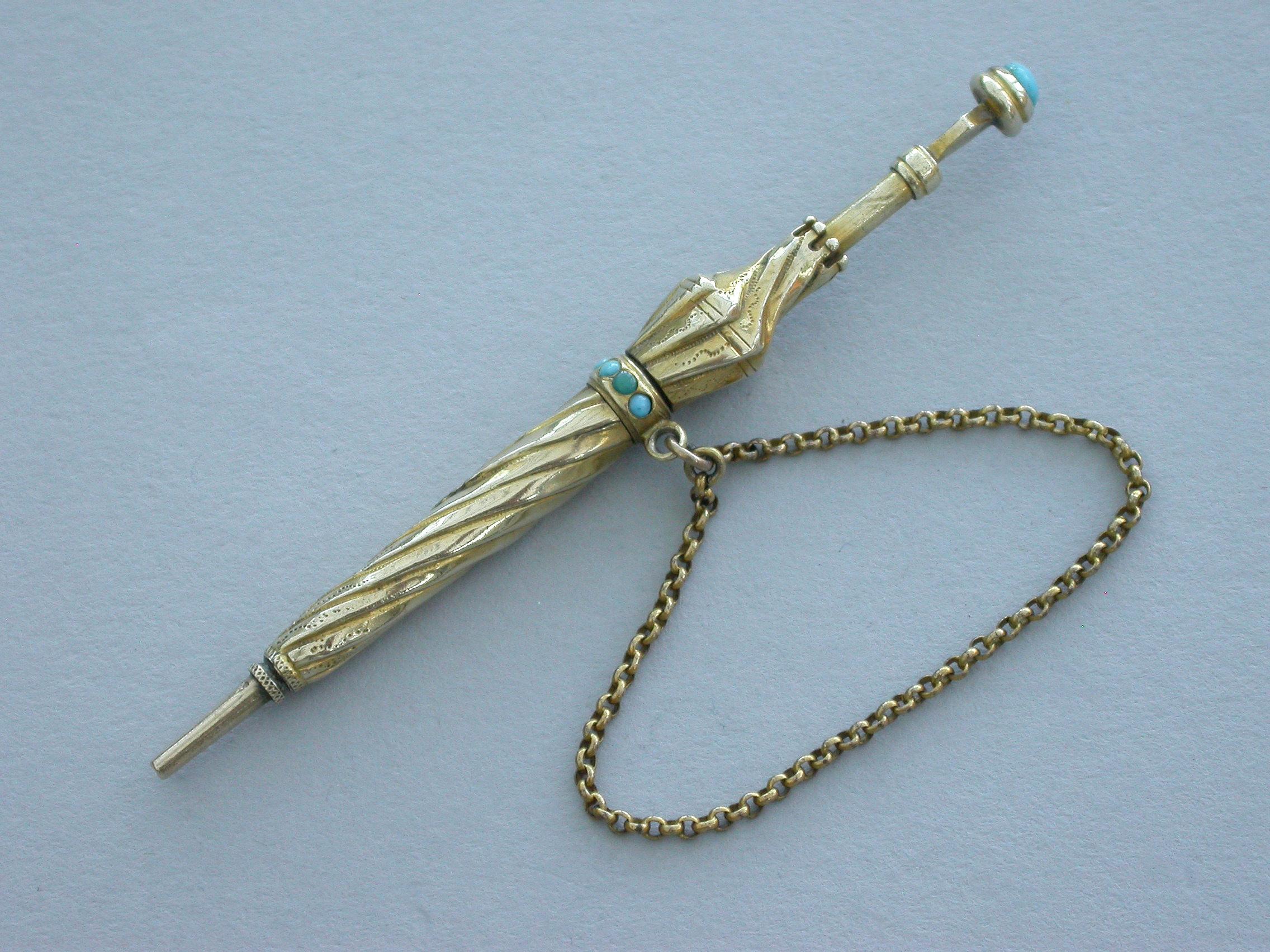 English Victorian Novelty Gold and Turquoise Umbrella Propelling Pencil, Unmarked, 1884 For Sale