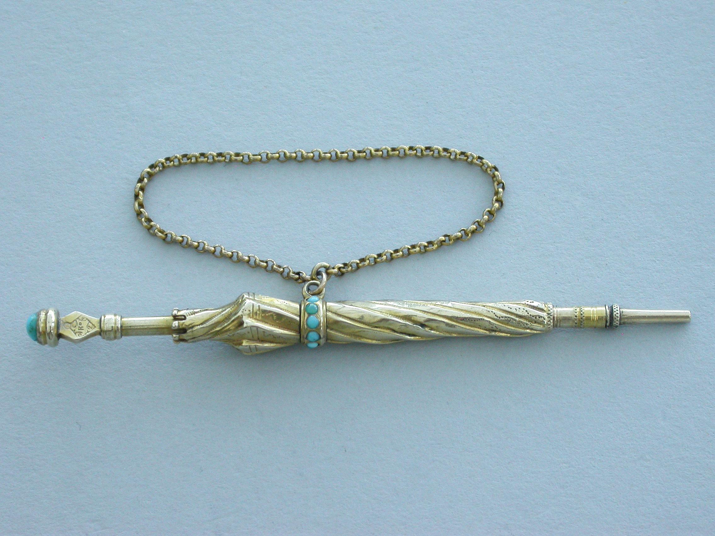 Victorian Novelty Gold and Turquoise Umbrella Propelling Pencil, Unmarked, 1884 In Good Condition For Sale In Sittingbourne, Kent