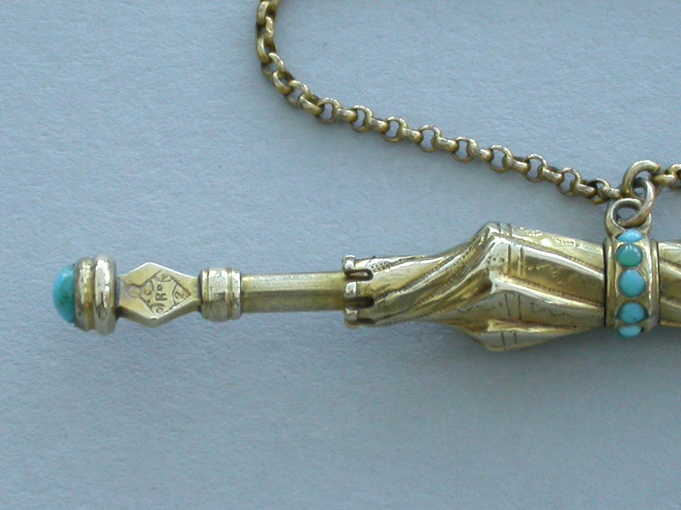 Late 19th Century Victorian Novelty Gold and Turquoise Umbrella Propelling Pencil, Unmarked, 1884 For Sale