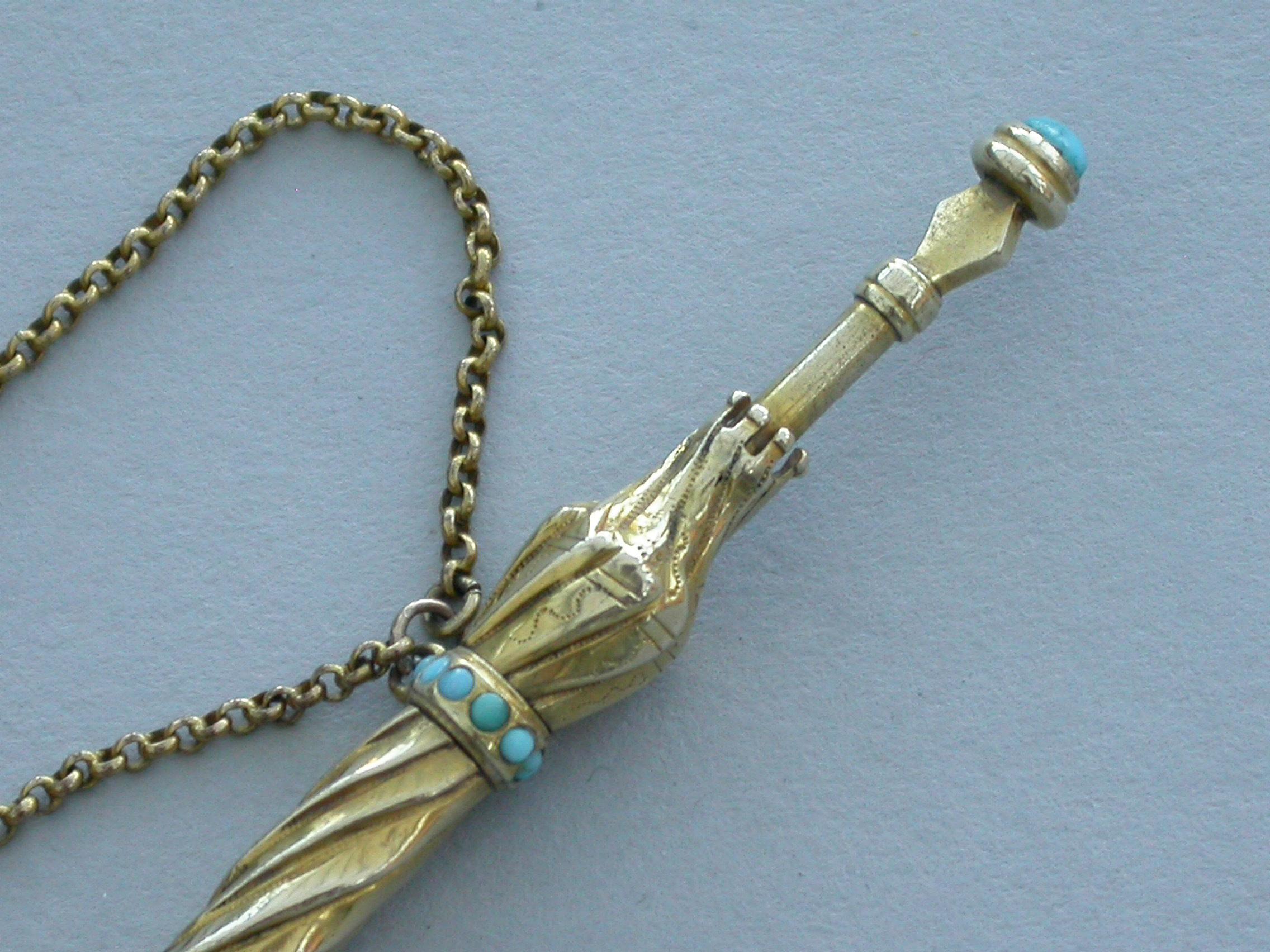 Victorian Novelty Gold and Turquoise Umbrella Propelling Pencil, Unmarked, 1884 For Sale 1